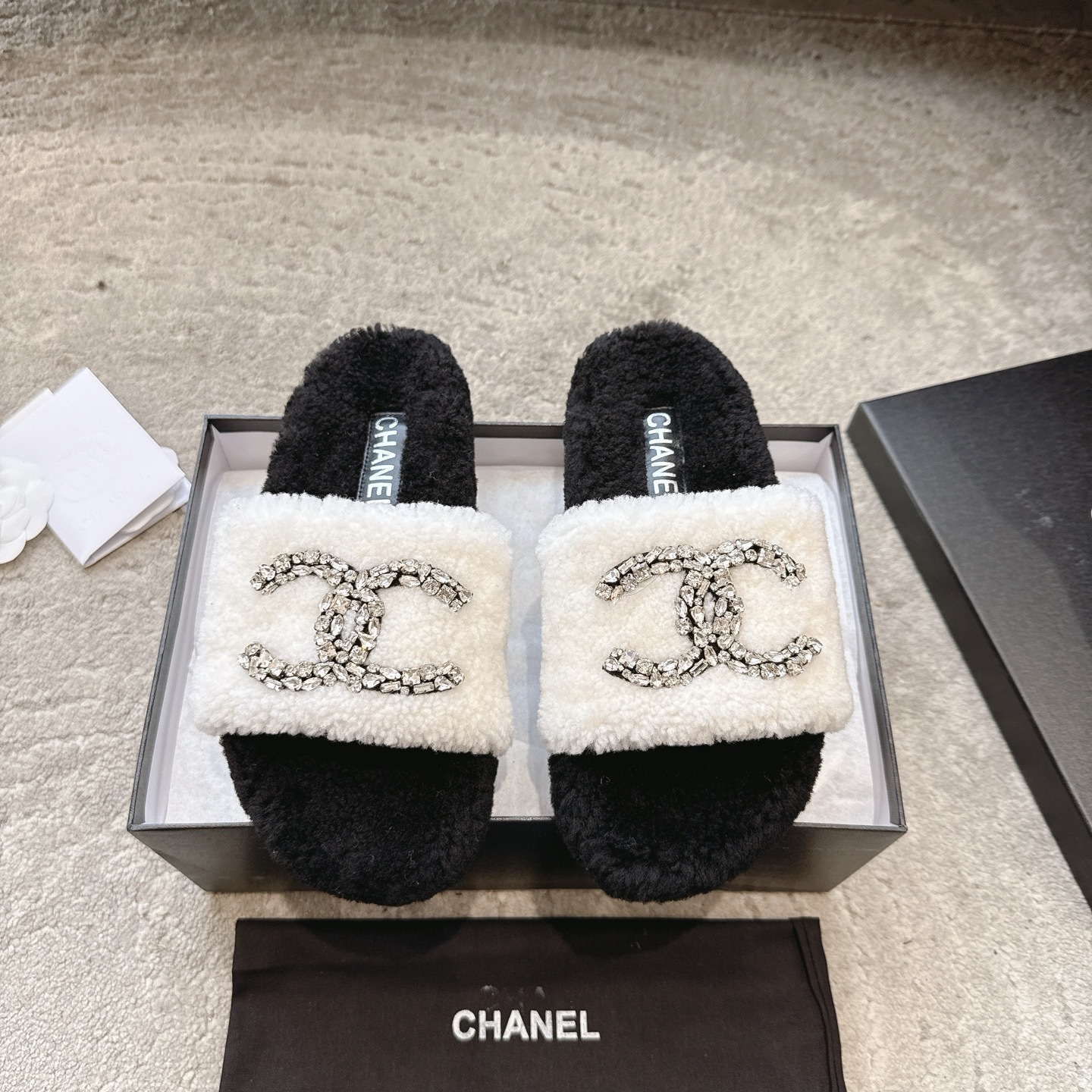 Luxury Chanel Furry Slides Black & White Crystal CC Logo Slippers