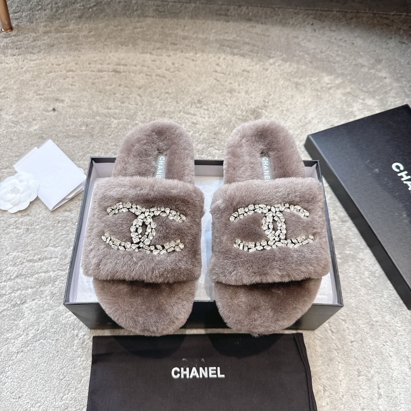 Luxury Grey Faux Fur Slides with Crystal CC Logo – Premium Slippers