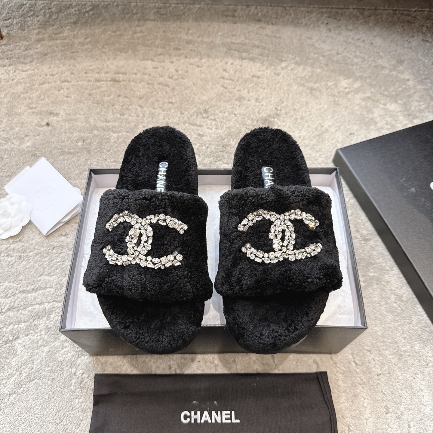 Luxury Black Shearling Slides with Crystal CC Logo – Fuzzy Slippers
