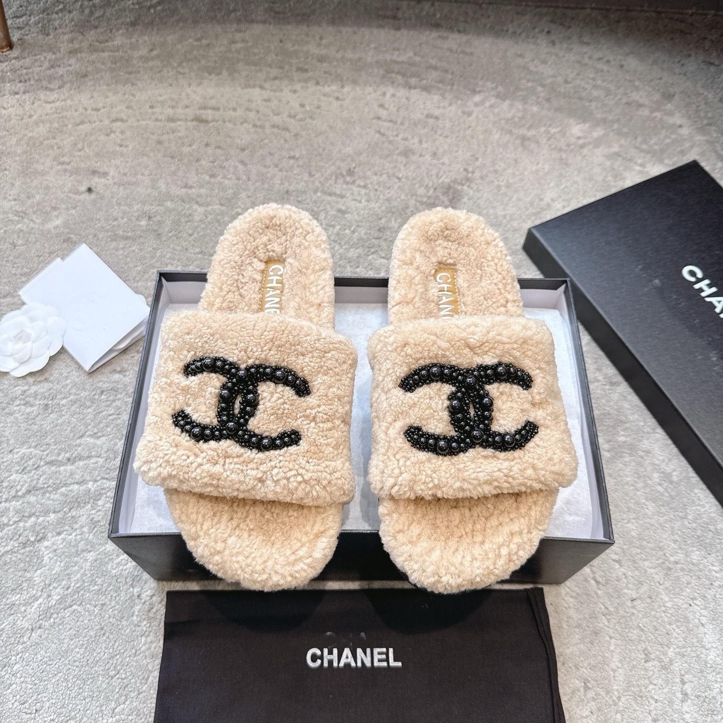 Chanel Shearling Slides Beige Fuzzy Sandals with Beaded CC Logo