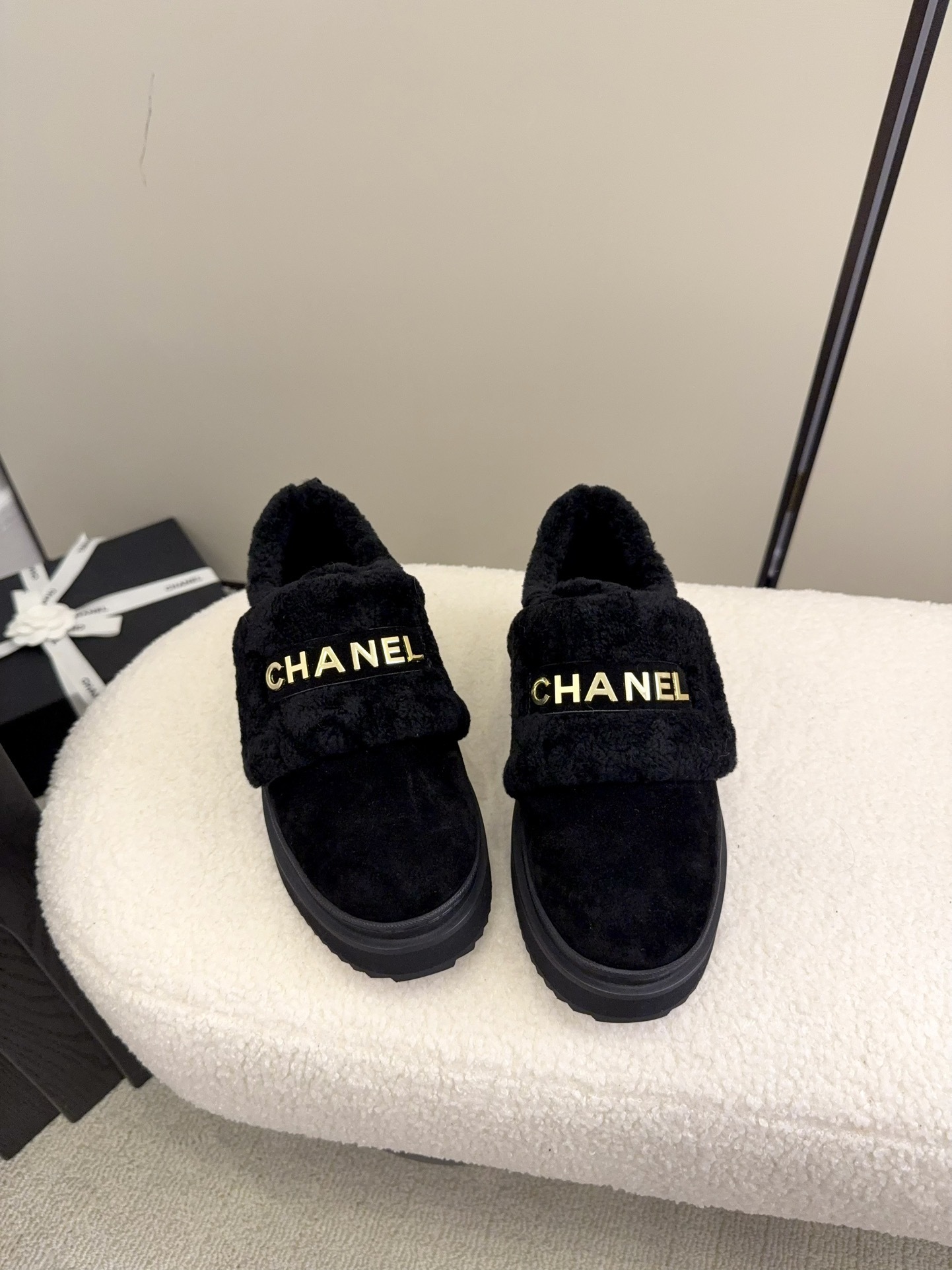 Luxury Chanel Black Shearling Platform Loafers with Gold Logo