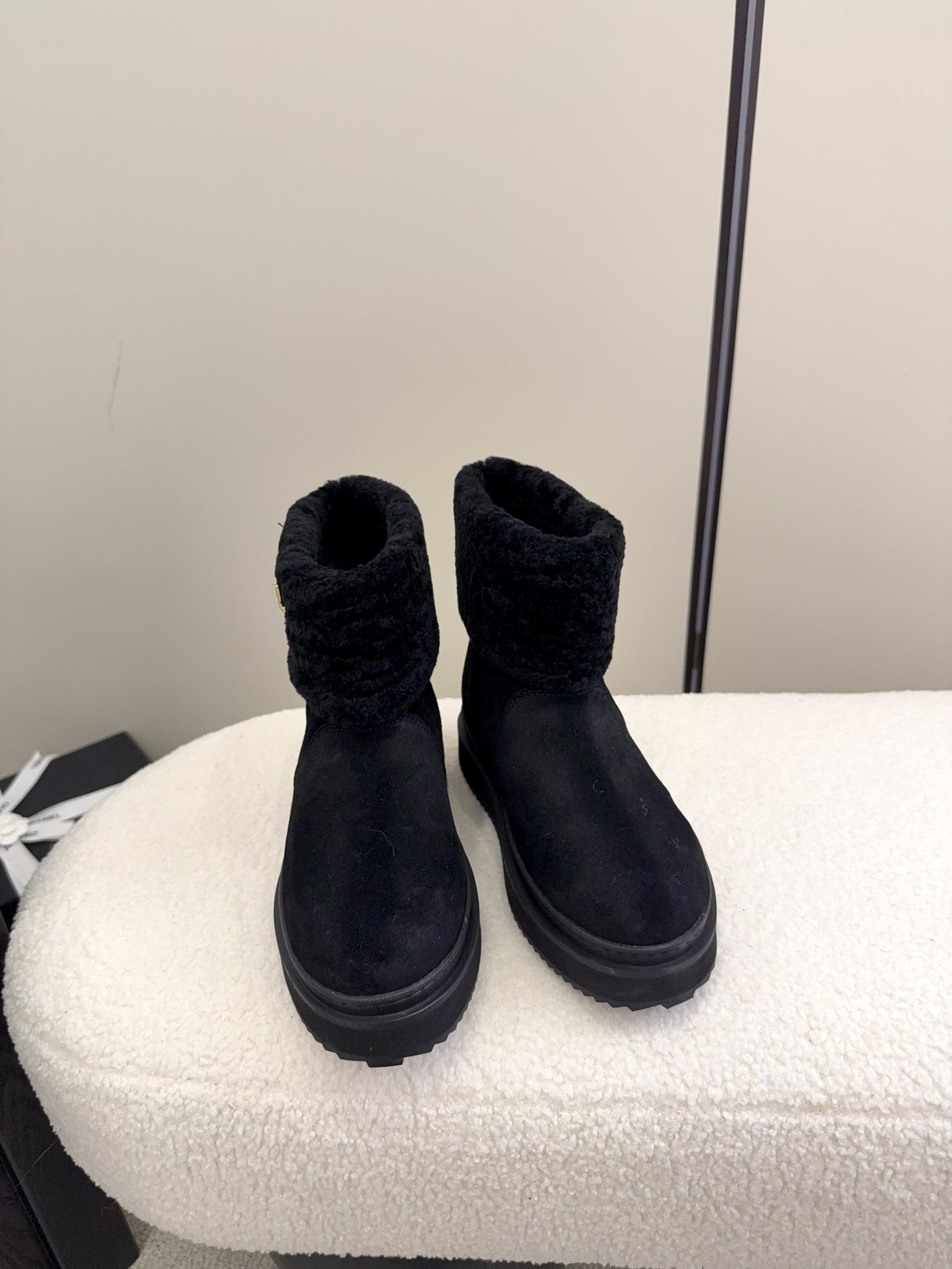 Premium Black Suede Platform Winter Boots with Gold Logo