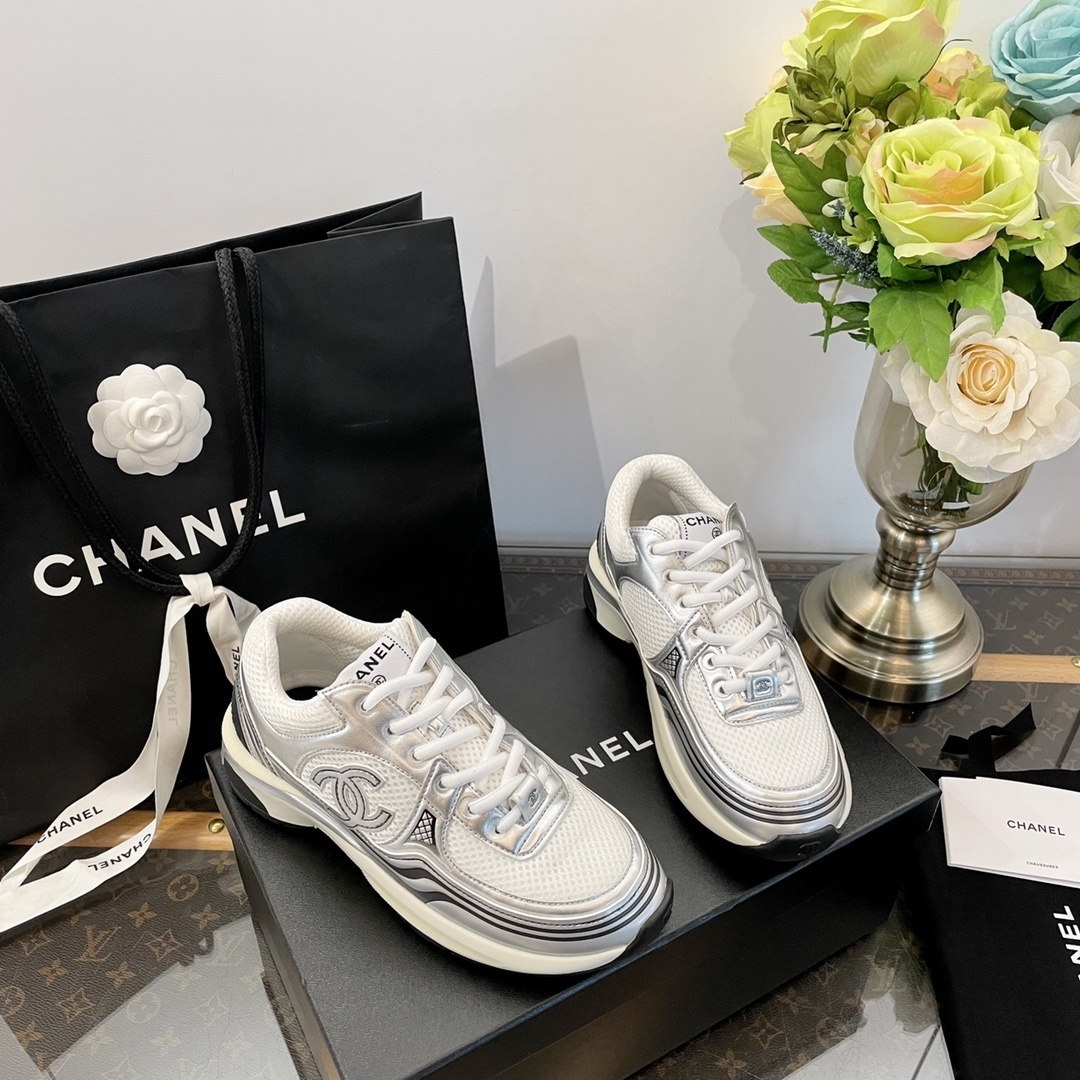 Luxury Chanel Silver Metallic Mesh Sneakers – Women’s Designer Shoes
