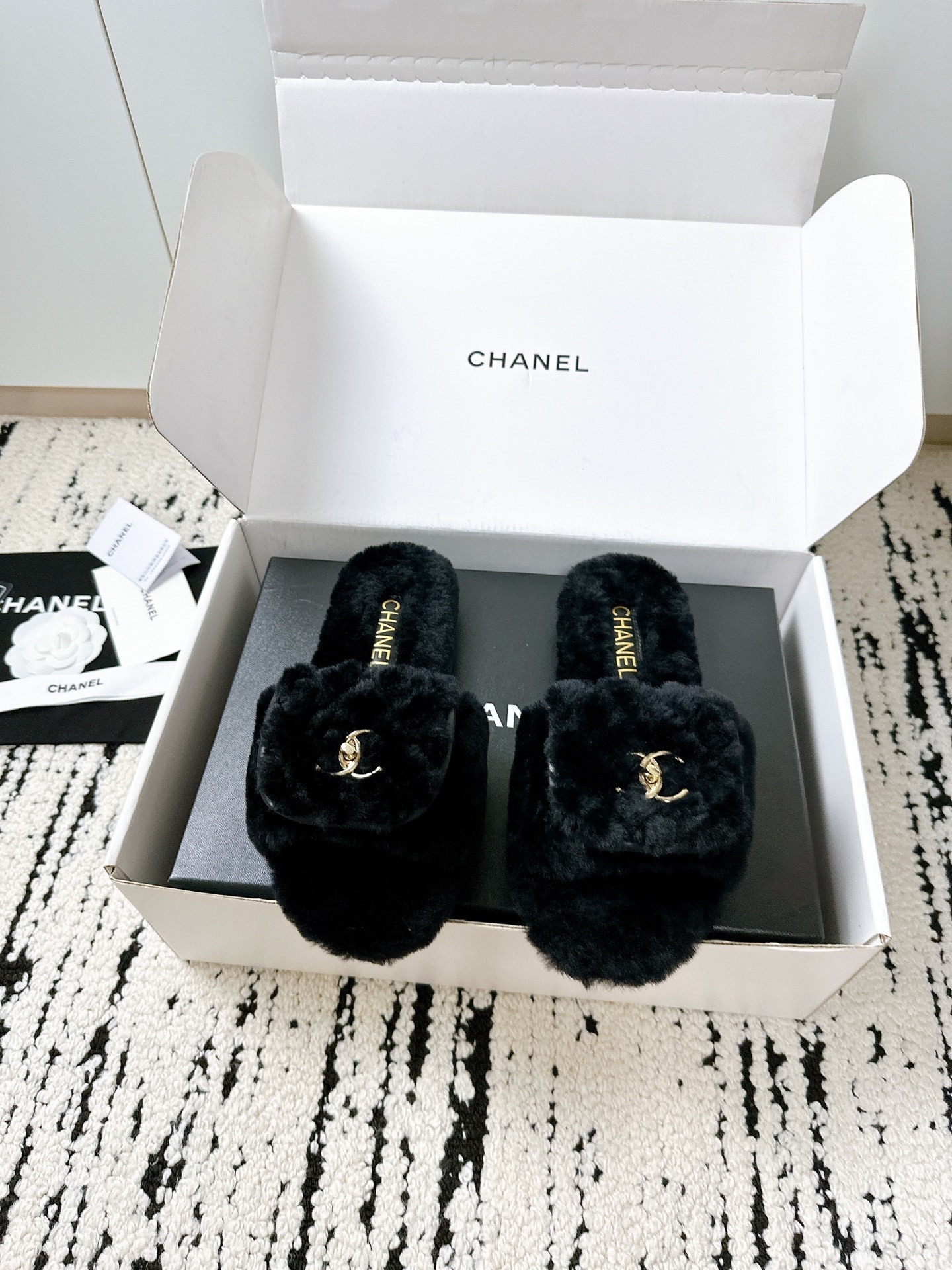 Chanel Black Faux Fur Slides with Gold CC Logo Luxury Slippers