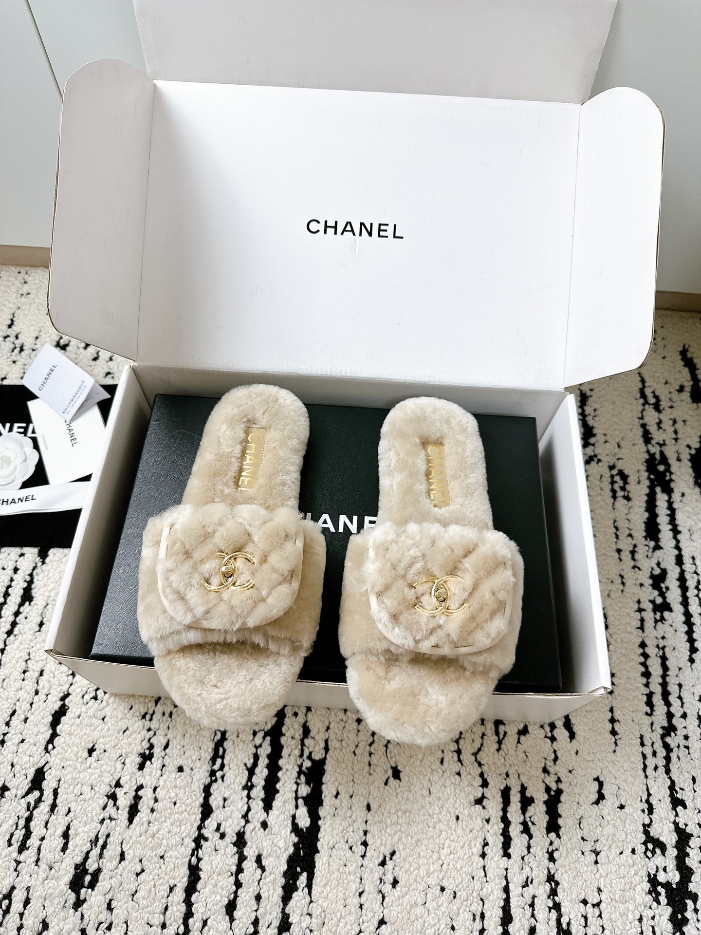 Chanel Luxury Beige Shearling Slippers with Gold CC Logo