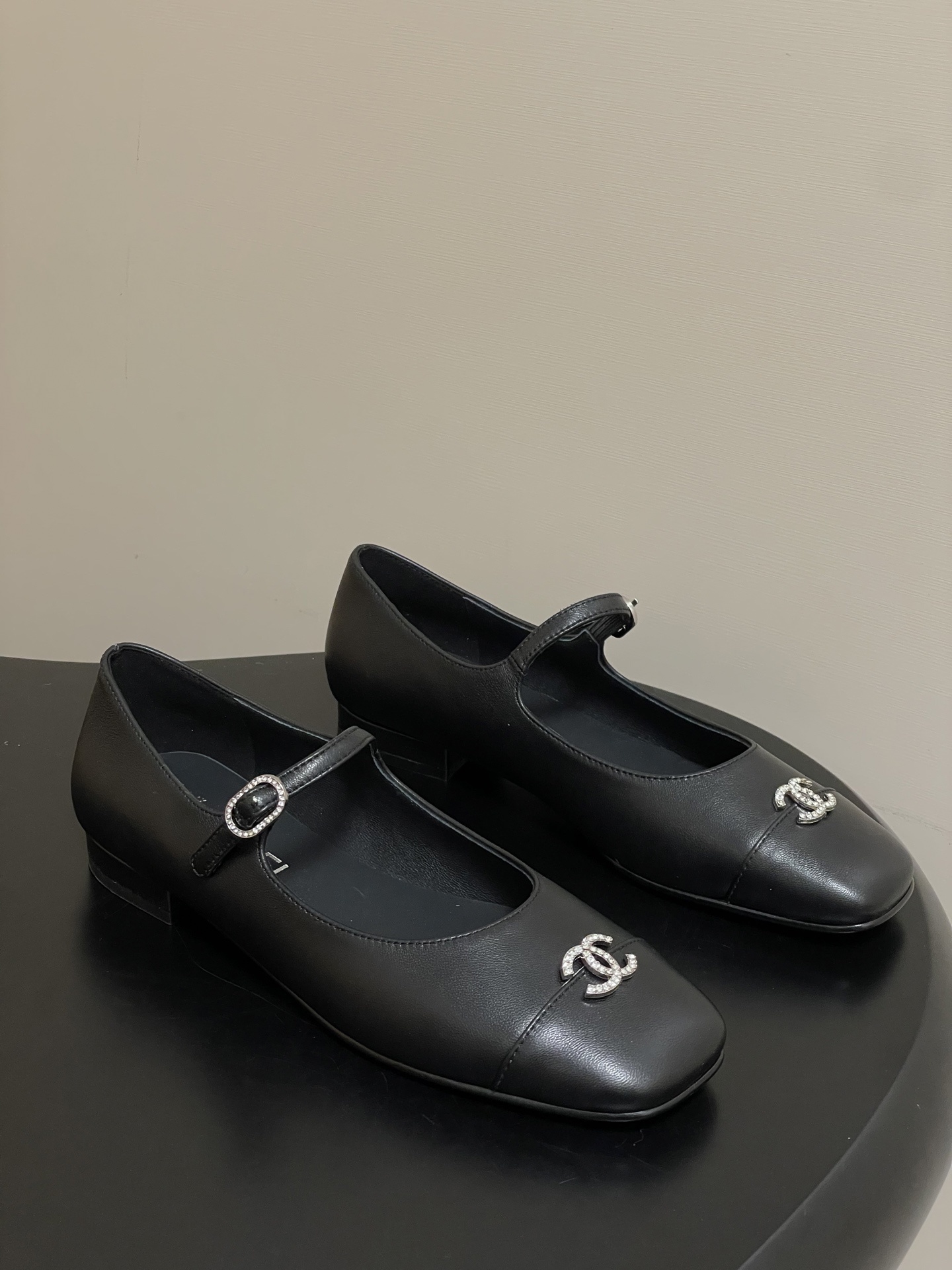 Chanel Black Leather Mary Jane Flats with Crystal CC Logo