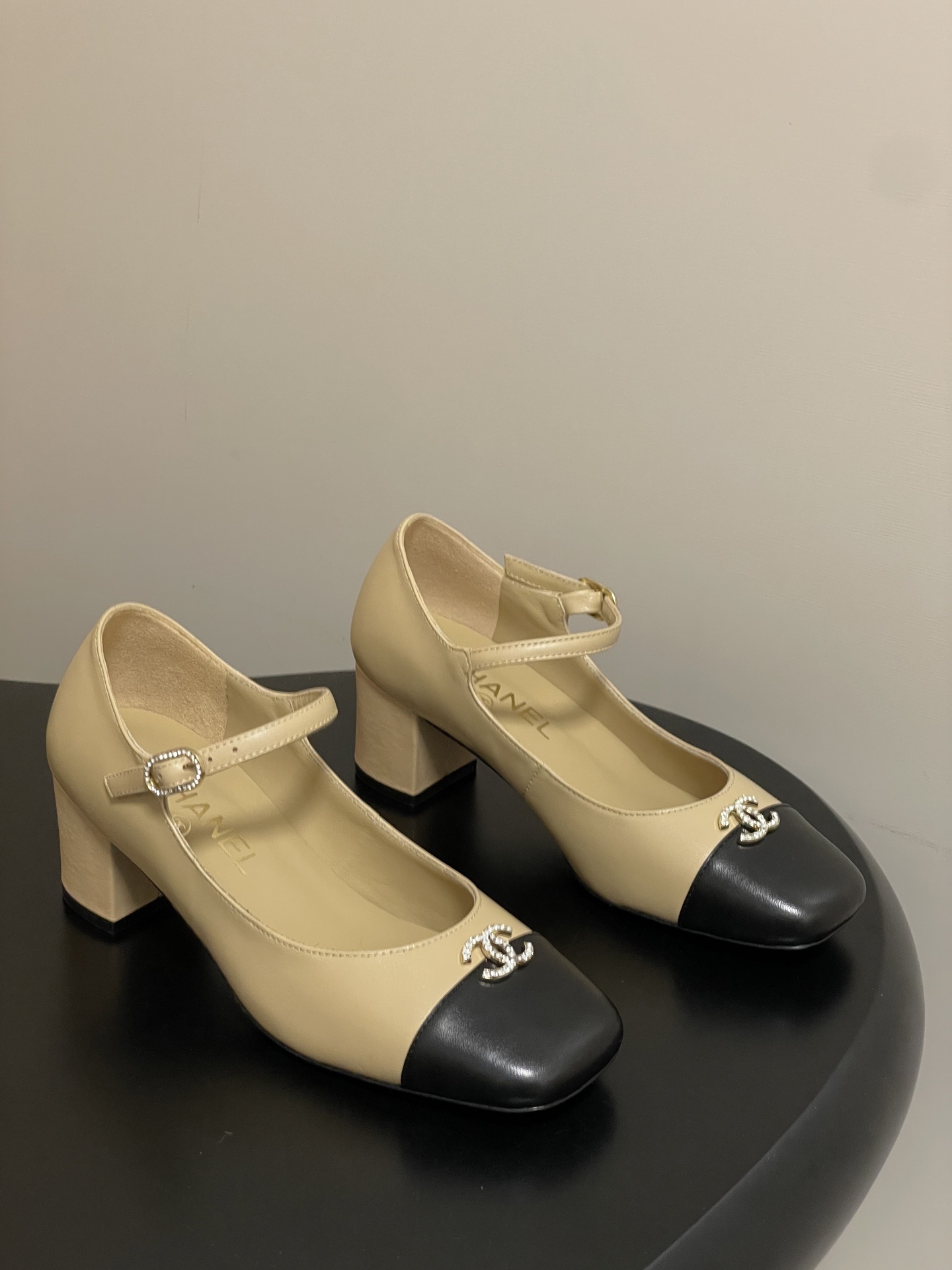 Chanel Beige & Black Leather Mary Jane Pumps with Crystal CC Logo