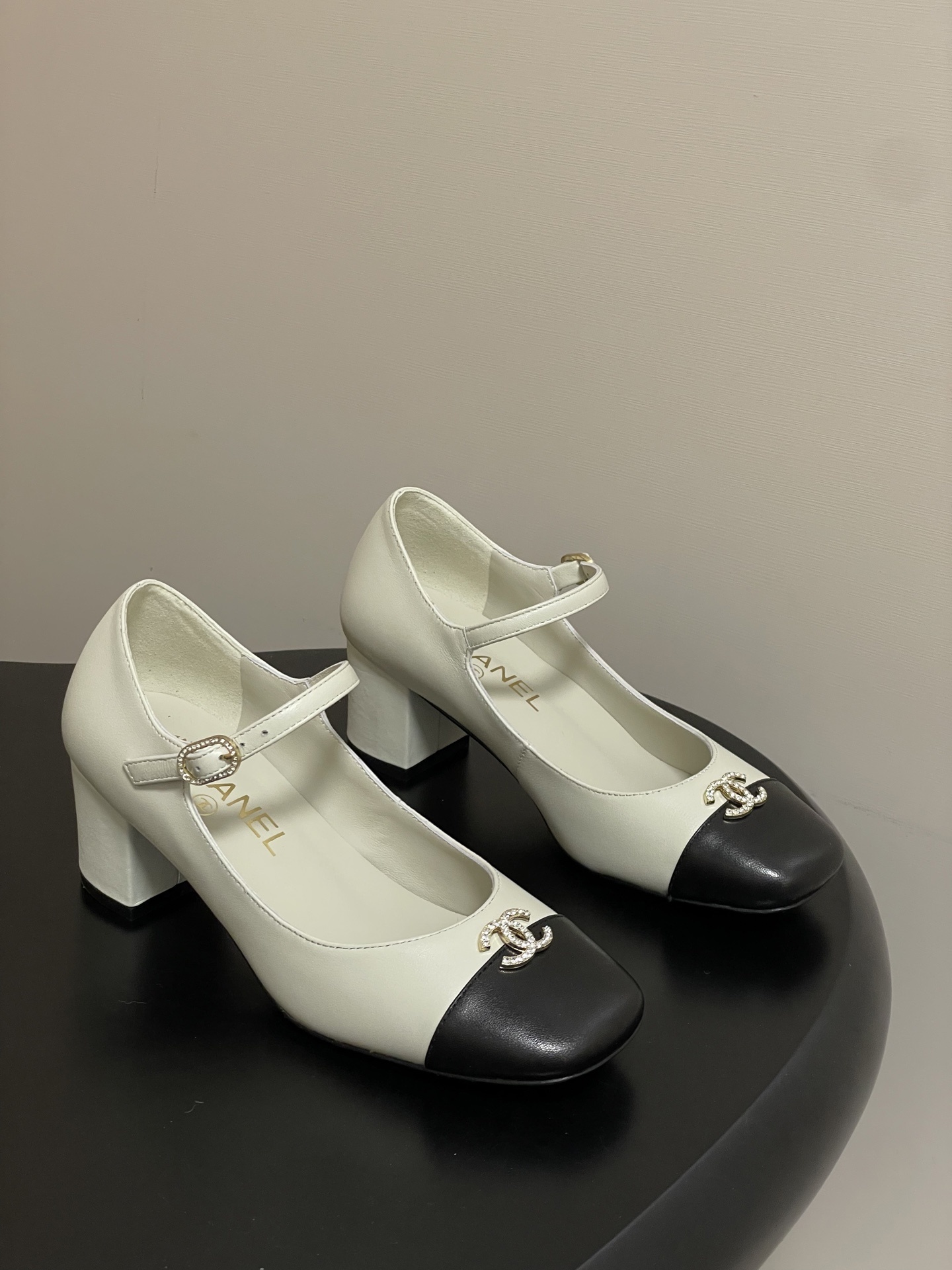 Chanel Two-Tone Leather Mary Jane Block Heels with Crystal Logo