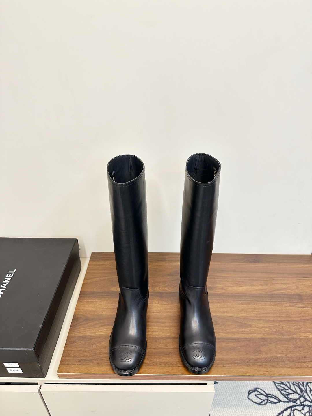 Chanel Black Leather Knee-High Riding Boots with CC Logo
