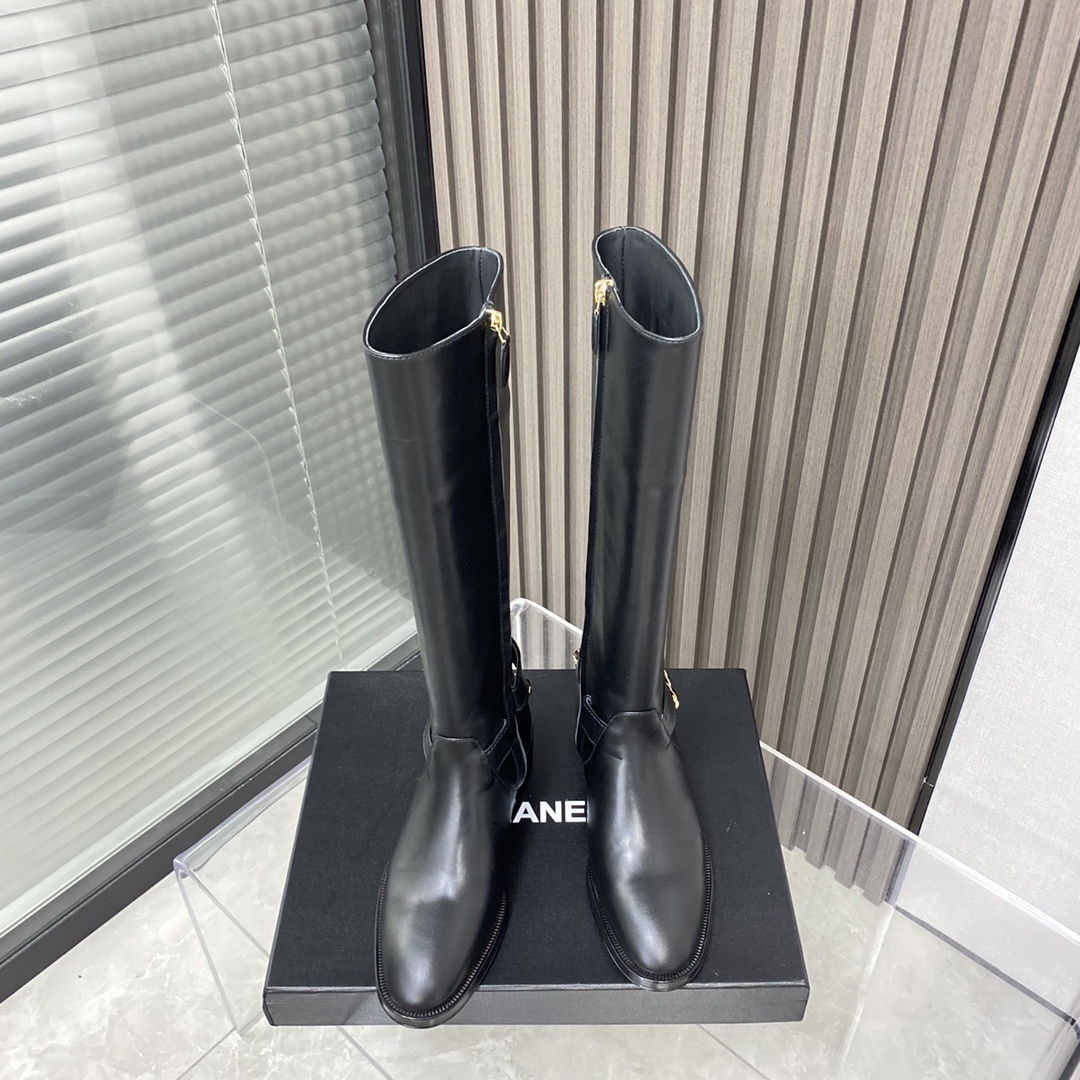 Chanel Black Leather Knee-High Boots with Gold Chain Detail