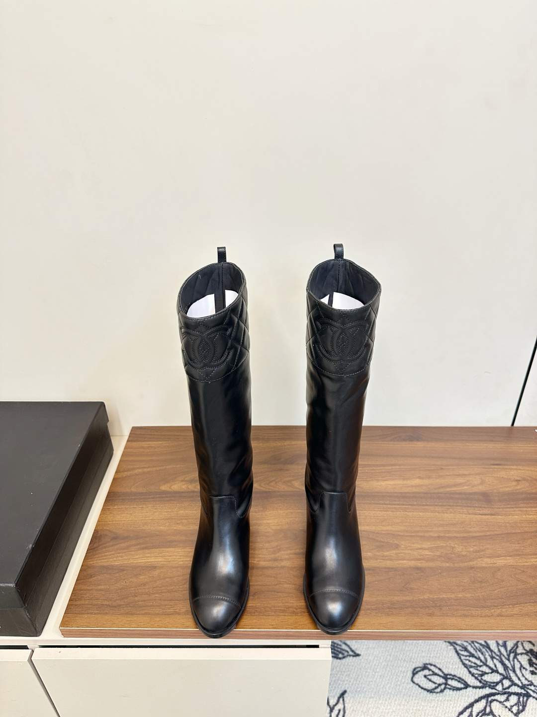 Chanel Black Quilted Leather Knee-High Boots with CC Logo