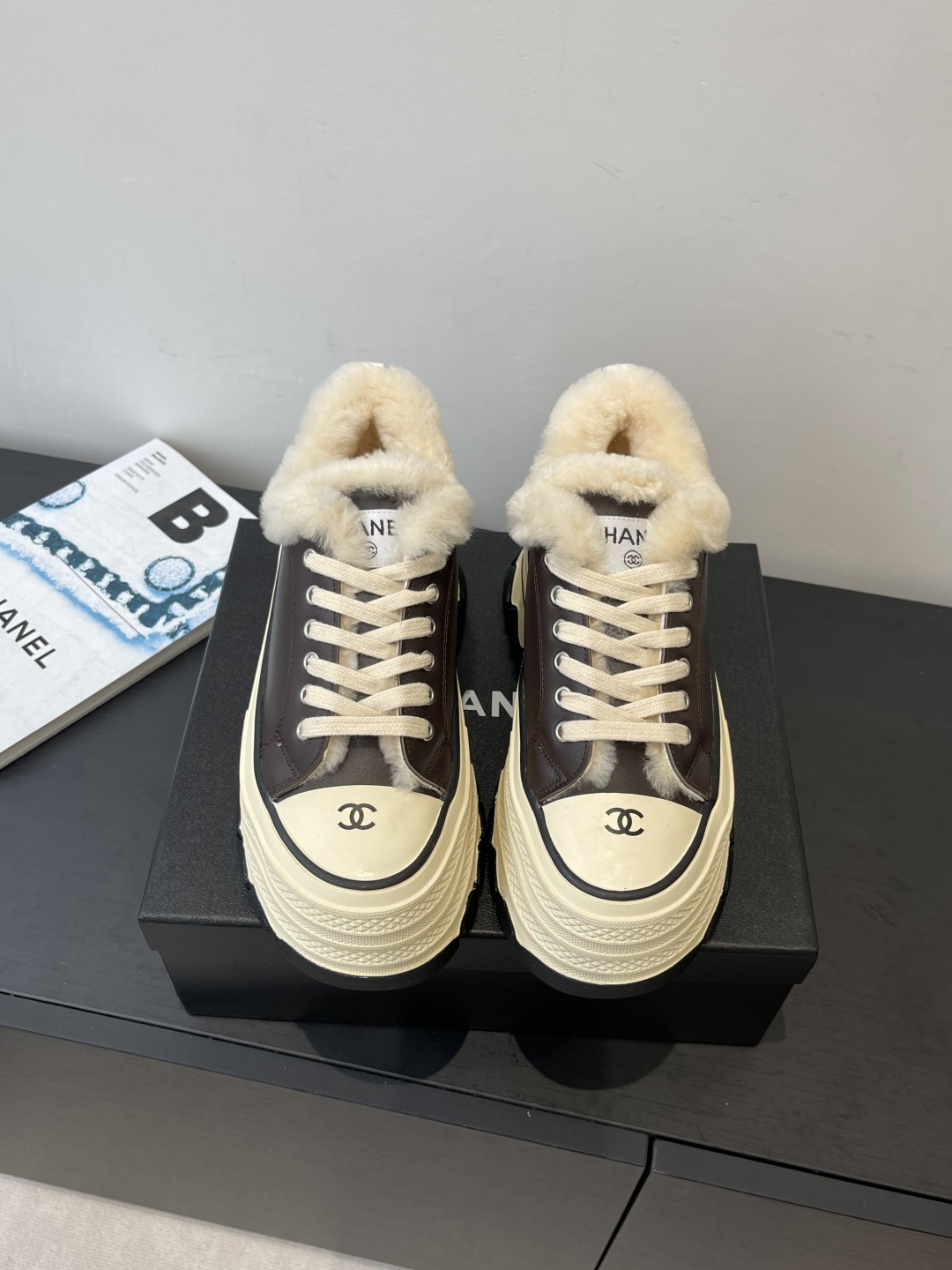 Chanel Luxury Shearling-Trimmed Leather Platform Sneakers