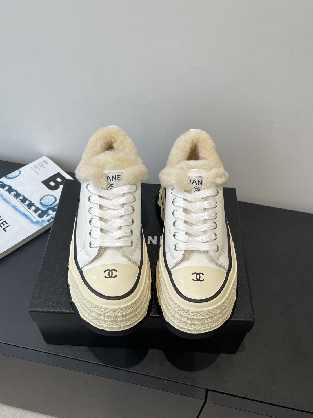 Chanel Luxury White Leather Platform Sneakers with Fur Lining