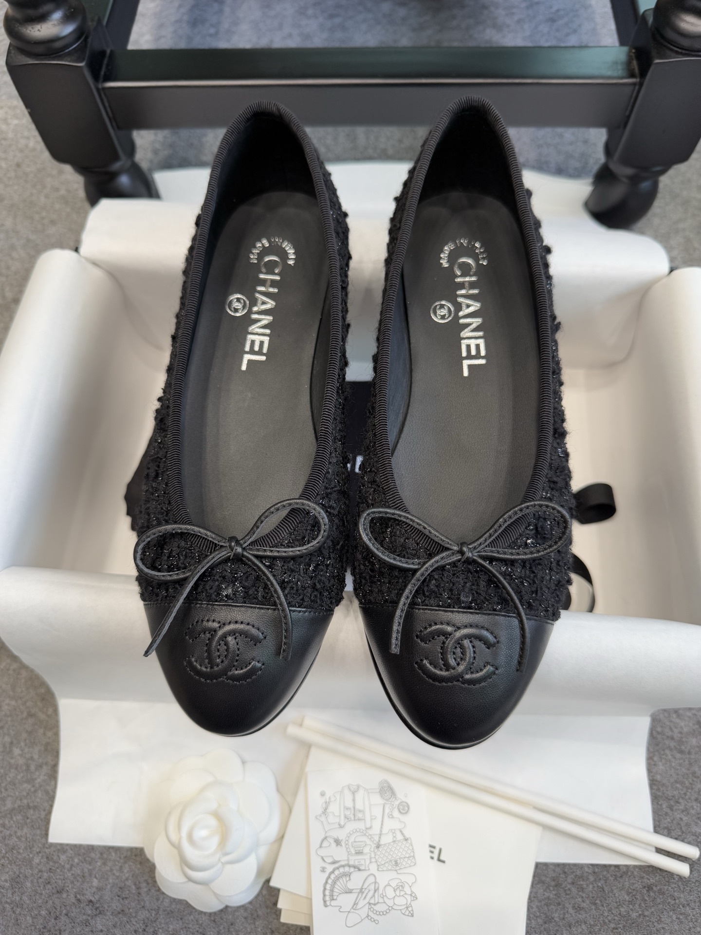 Chanel Black Tweed Ballerina Flats with Leather CC Cap Toe