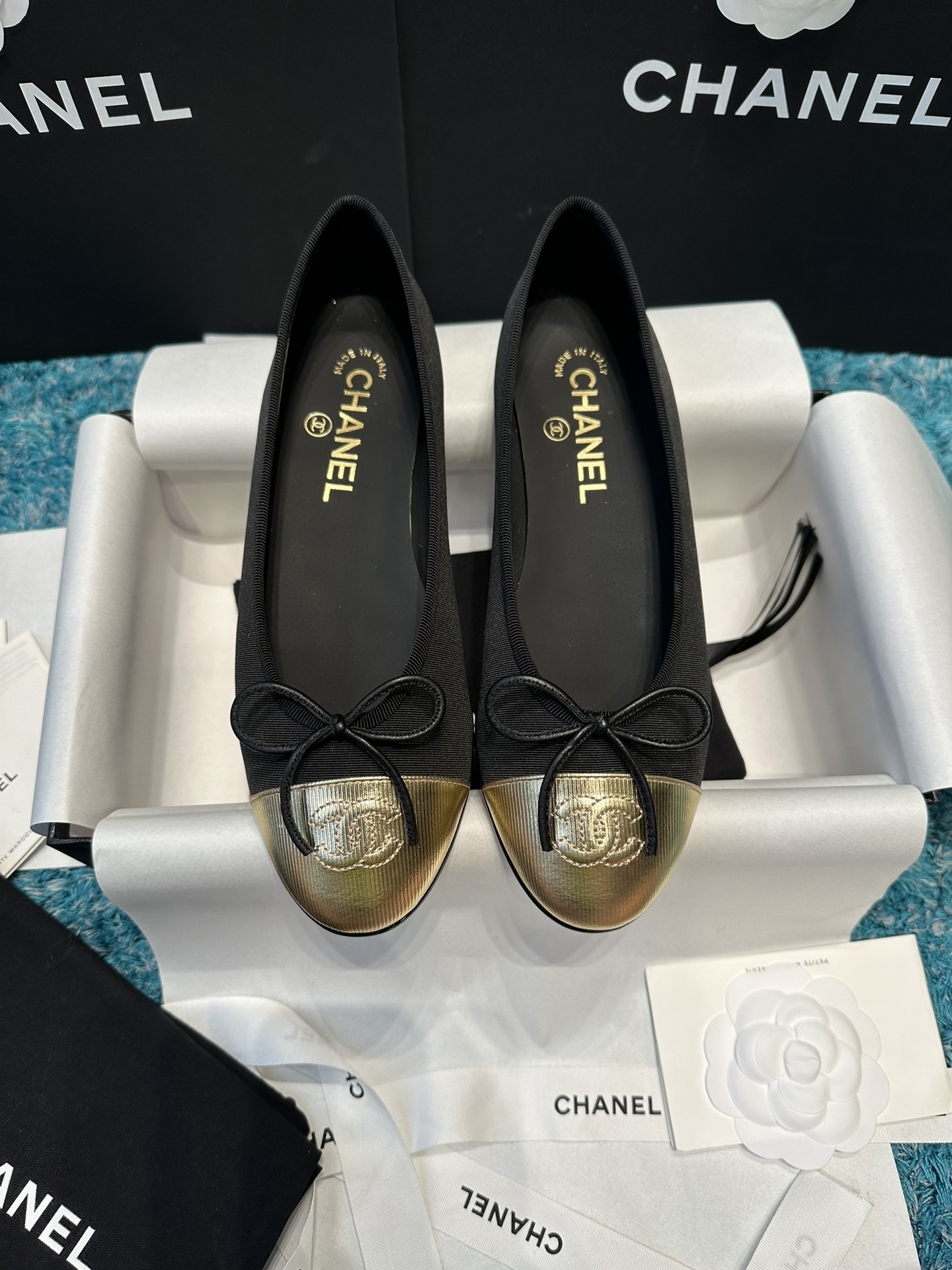 Chanel Classic Ballerinas Black Grosgrain & Metallic Gold Cap Toe