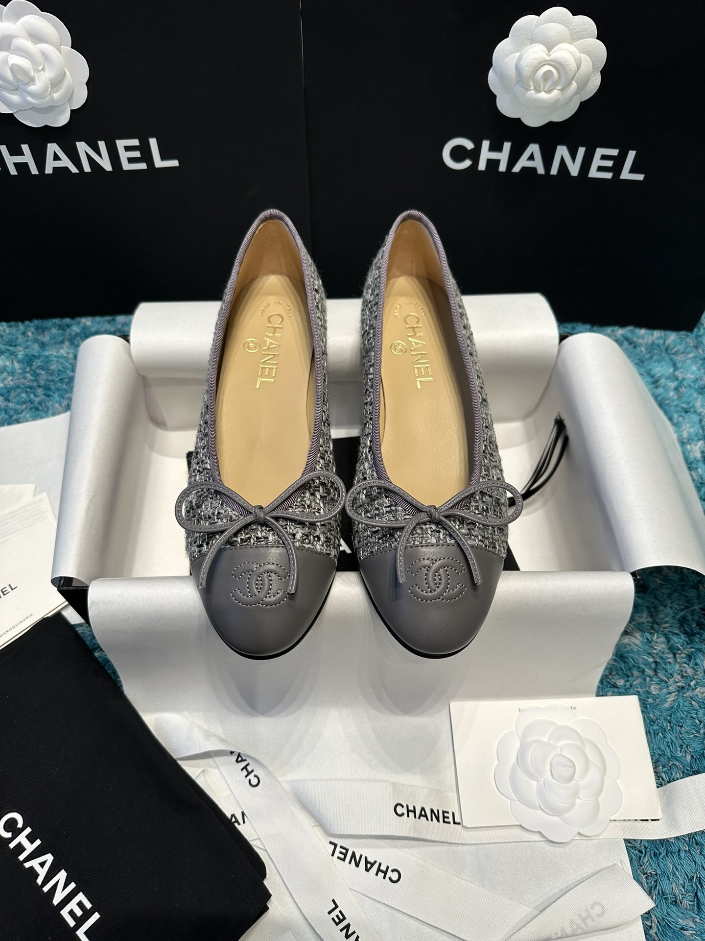 Chanel Grey Tweed Ballerina Flats with Leather CC Toe Cap