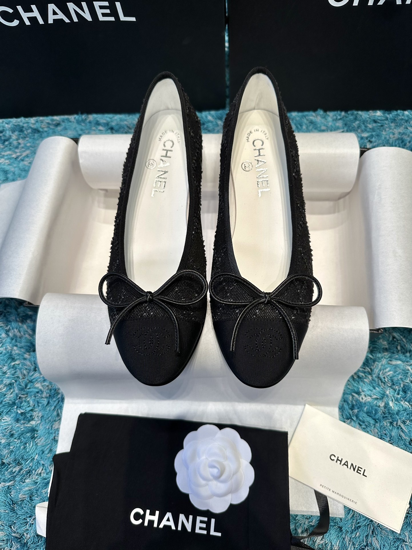 Chanel Classic Black Tweed Ballerina Flats with CC Logo & Bow