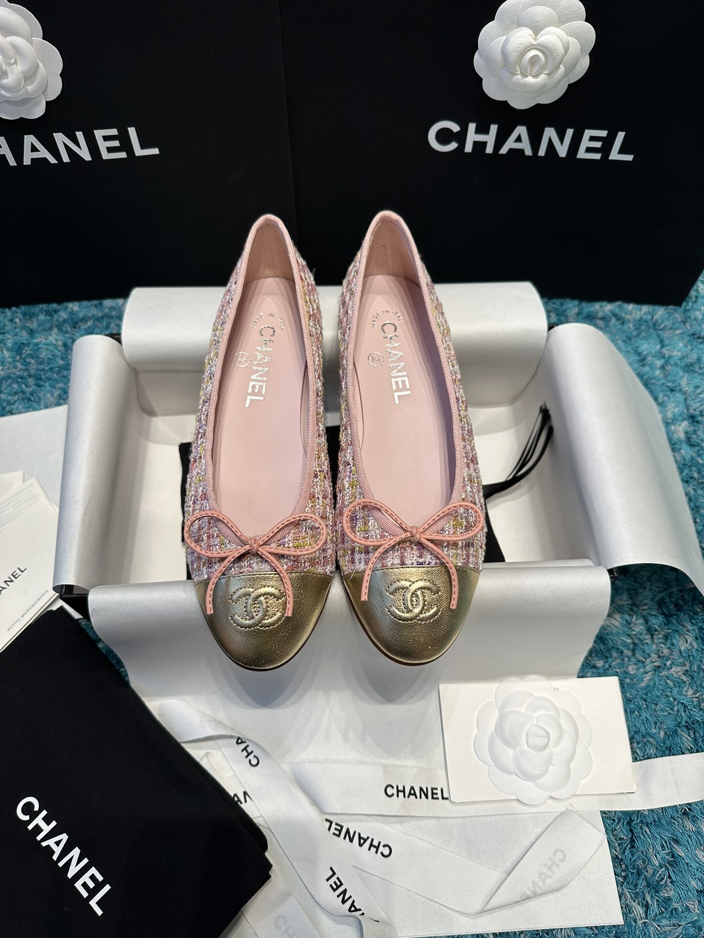 Chanel Pink Tweed Ballet Flats with Gold Metallic CC Toe Cap