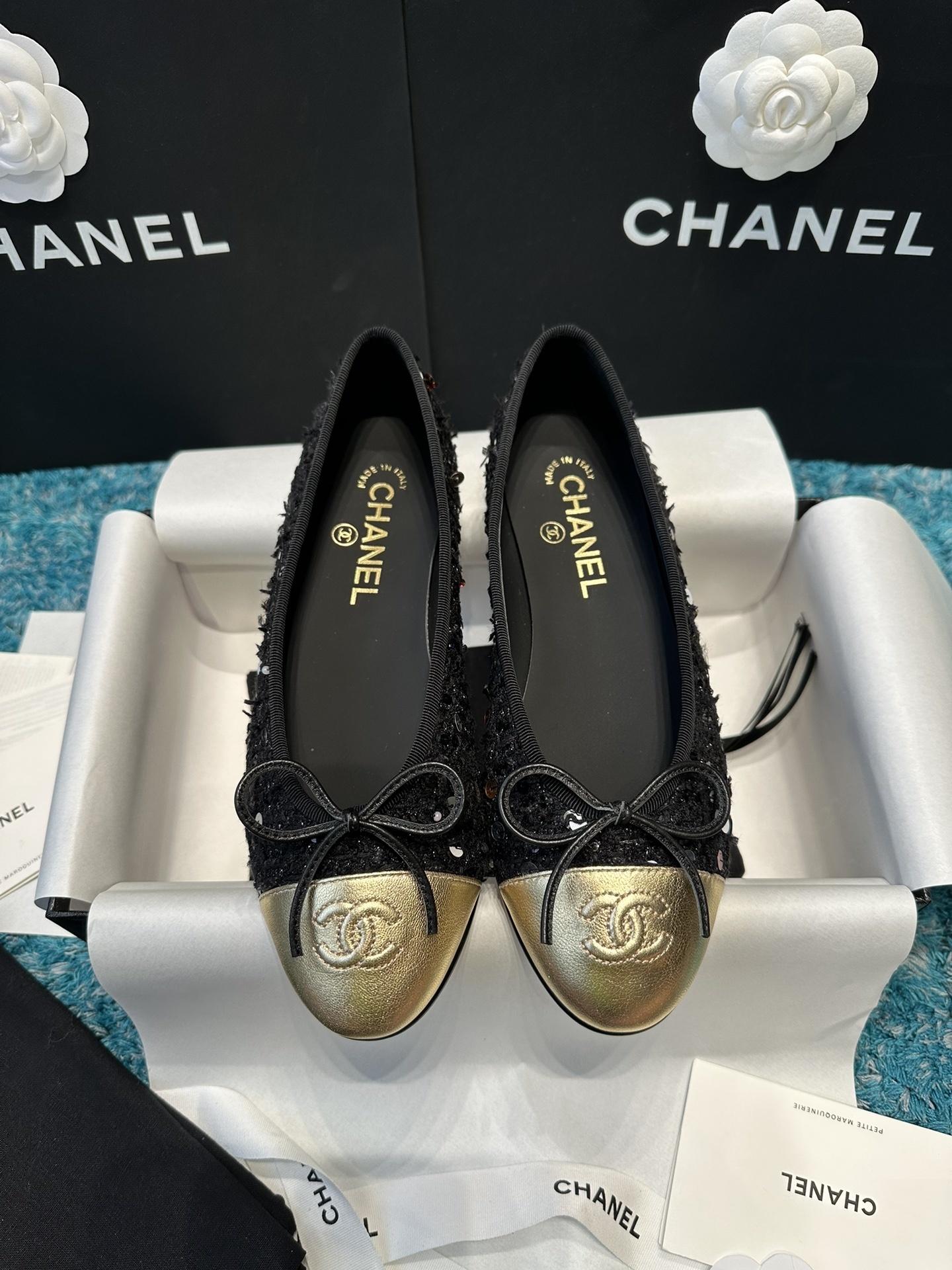 Chanel Sequin Tweed Ballerina Flats with Gold Toe Cap & CC Logo