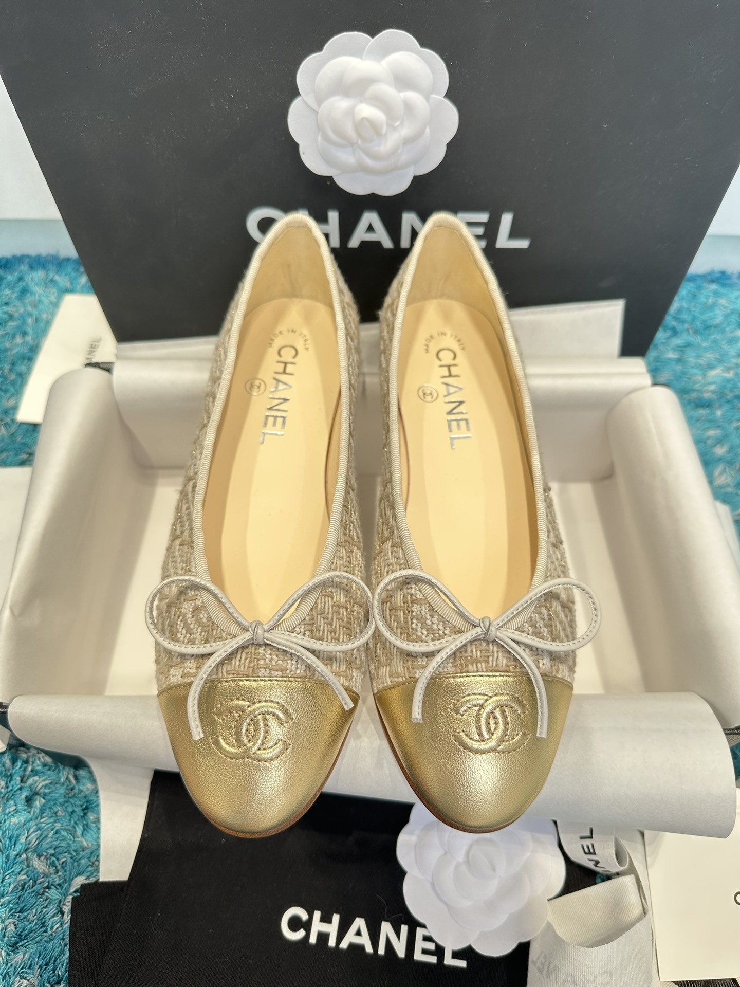 Luxury Chanel Tweed Ballerinas with Gold Leather Toe Cap