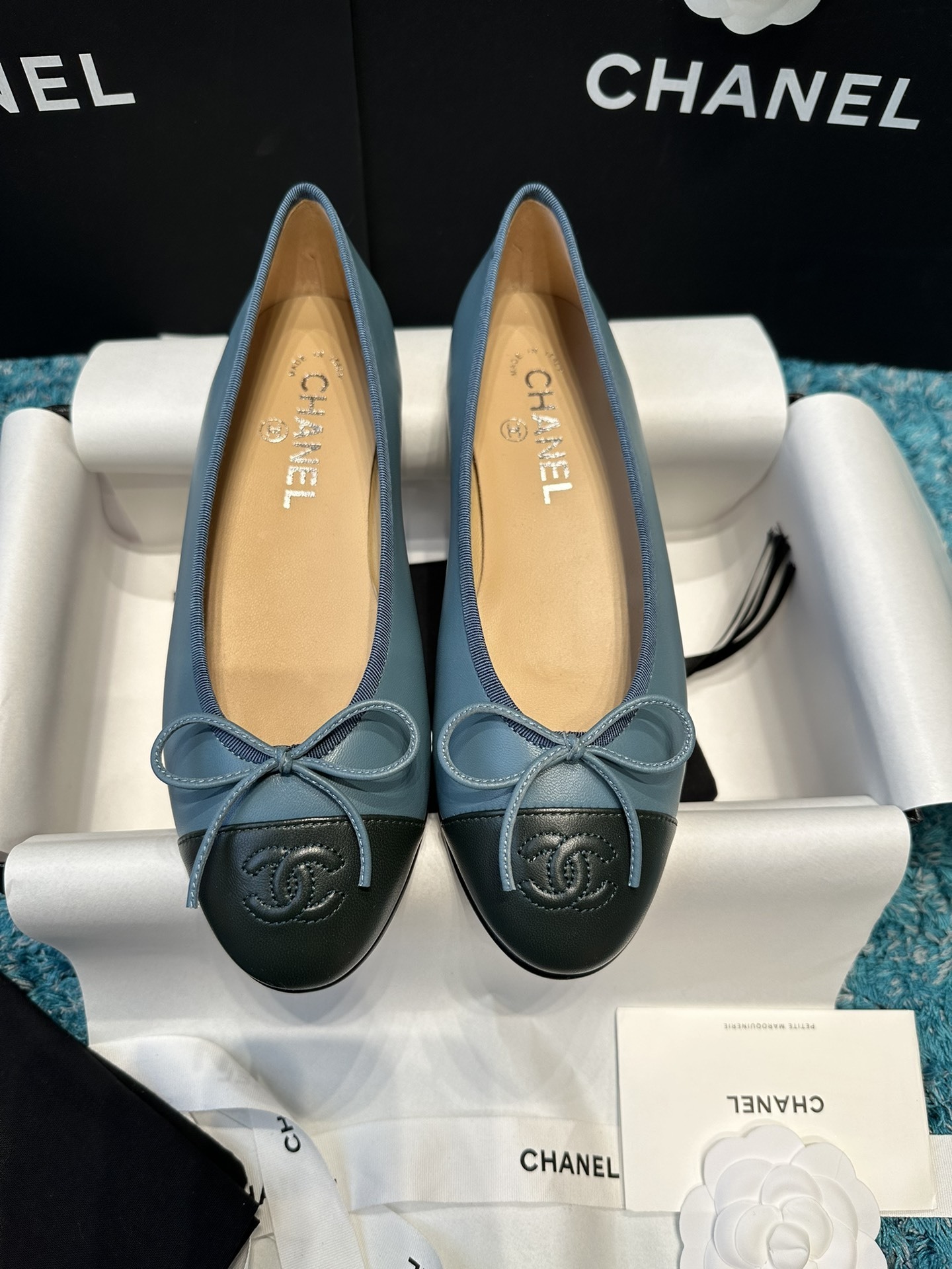 Chanel Classic Ballerina Flats in Blue Lambskin with Black Cap-Toe