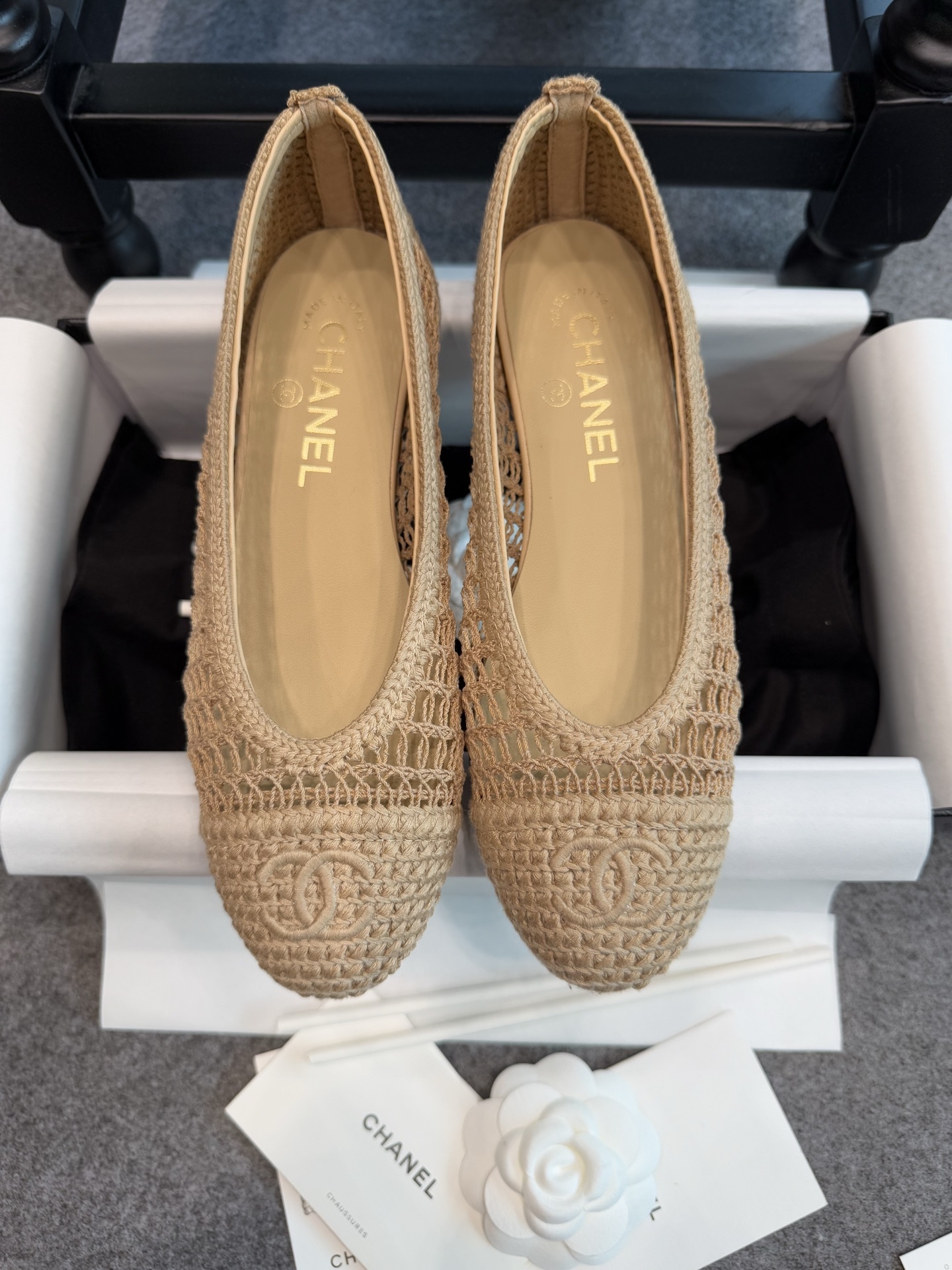 Chanel Beige Crochet Woven Ballet Flats with Signature CC Logo