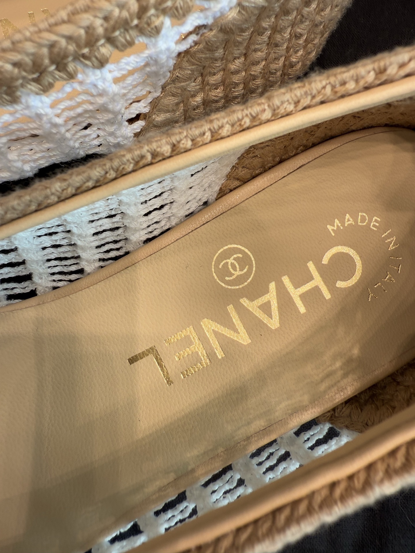 Chanel Crochet Mesh Ballet Flats Beige White CC Logo