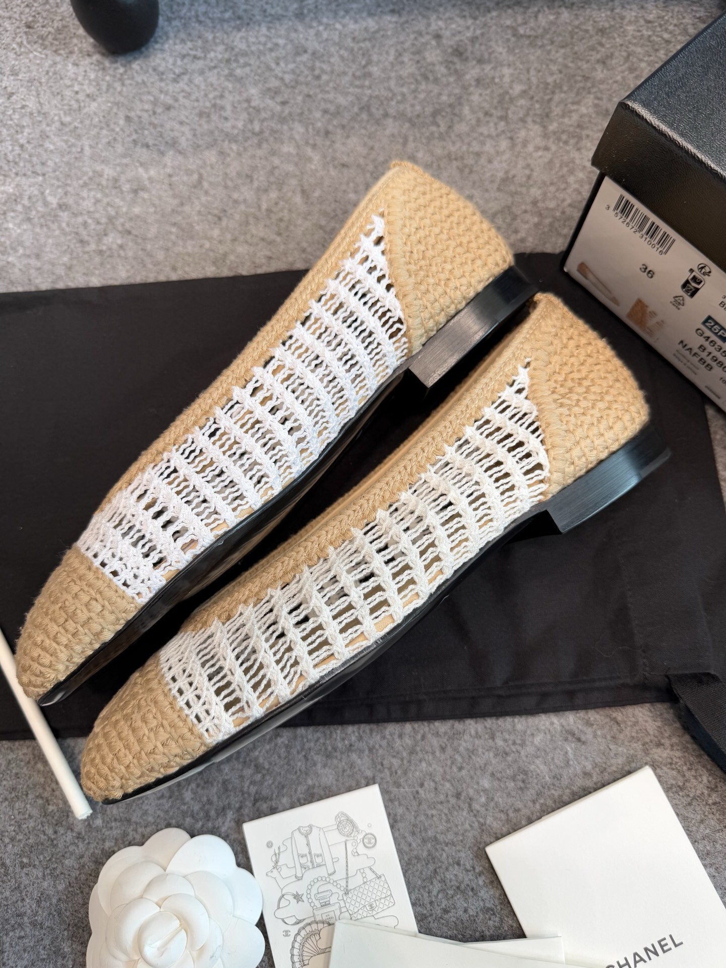 Chanel Crochet Mesh Ballet Flats Beige White CC Logo
