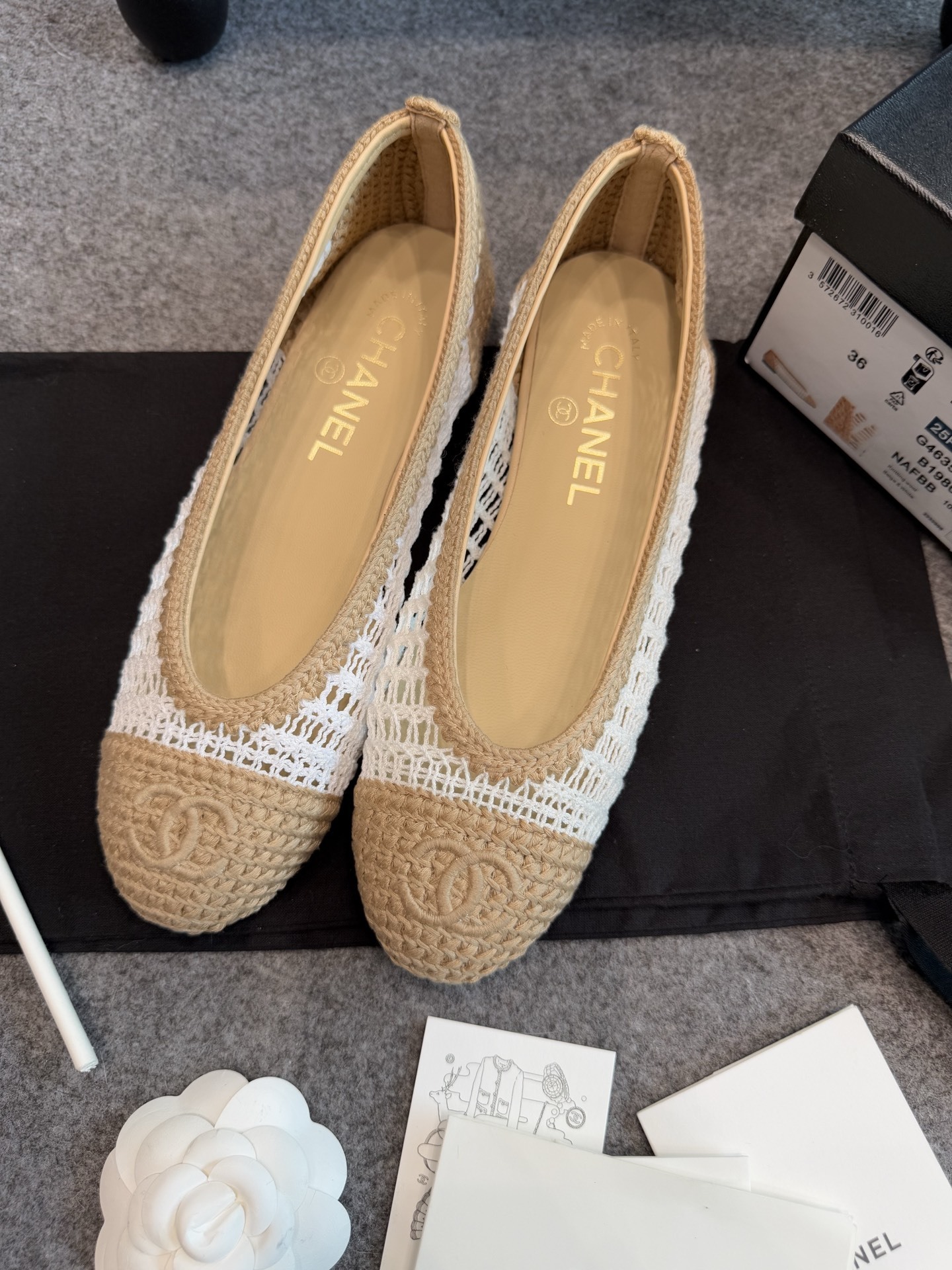Chanel Crochet Mesh Ballet Flats Beige White CC Logo