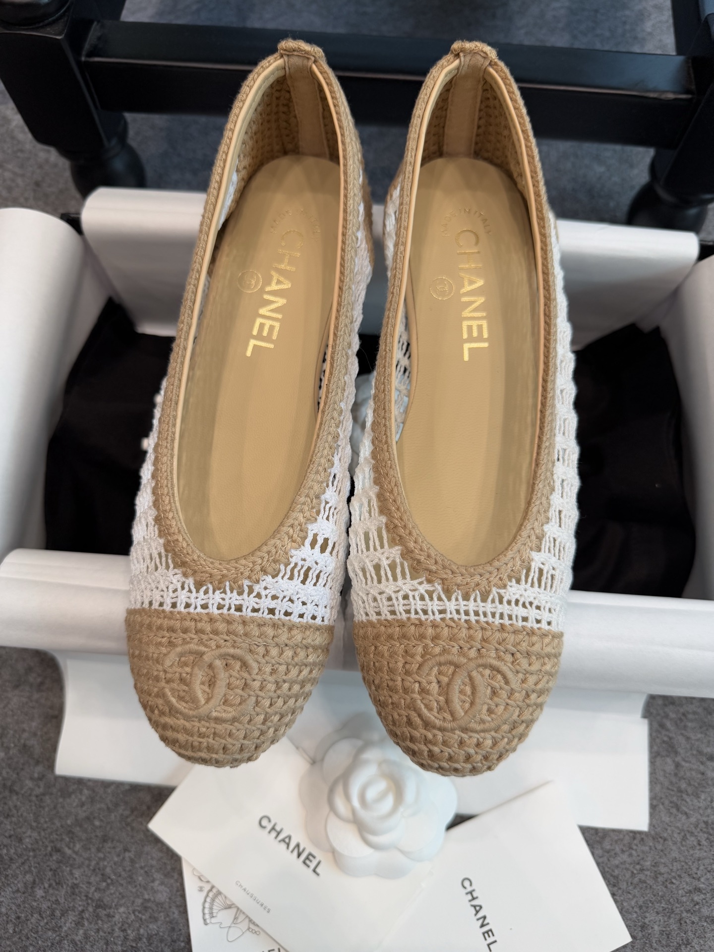 Chanel Crochet Mesh Ballet Flats Beige White CC Logo