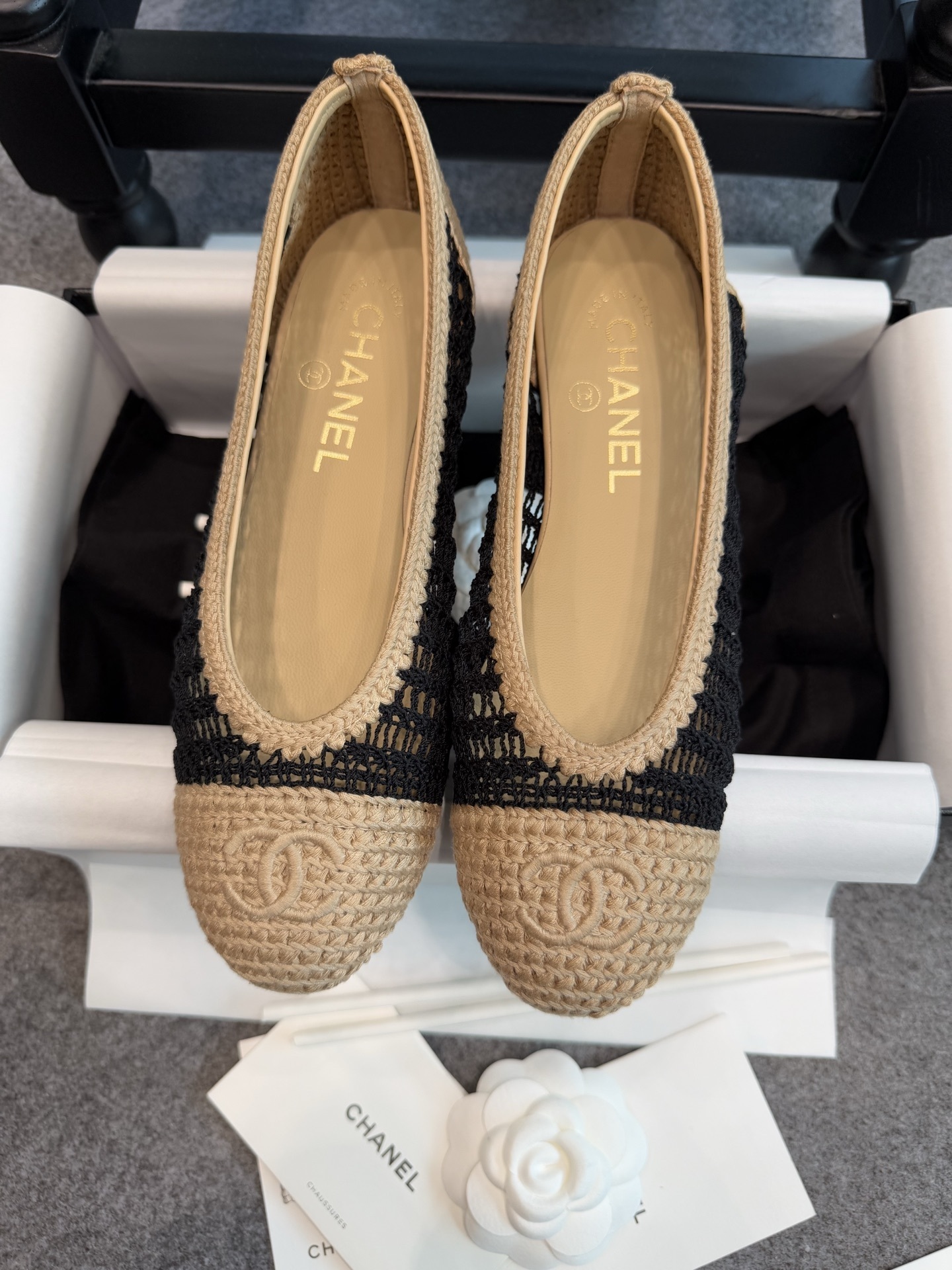 Chanel Beige & Black Crochet Mesh Ballet Flats with CC Logo