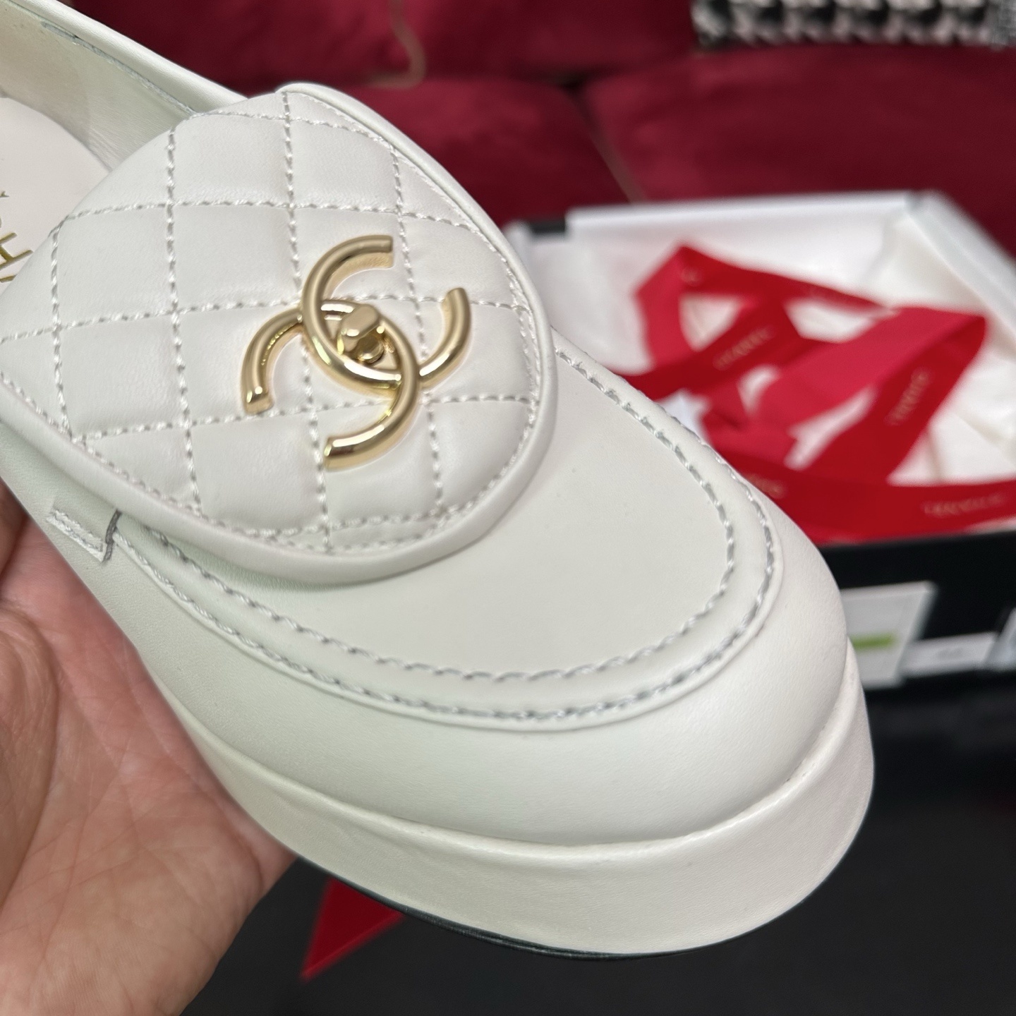 Chanel White Quilted Platform Loafers with Gold CC Logo