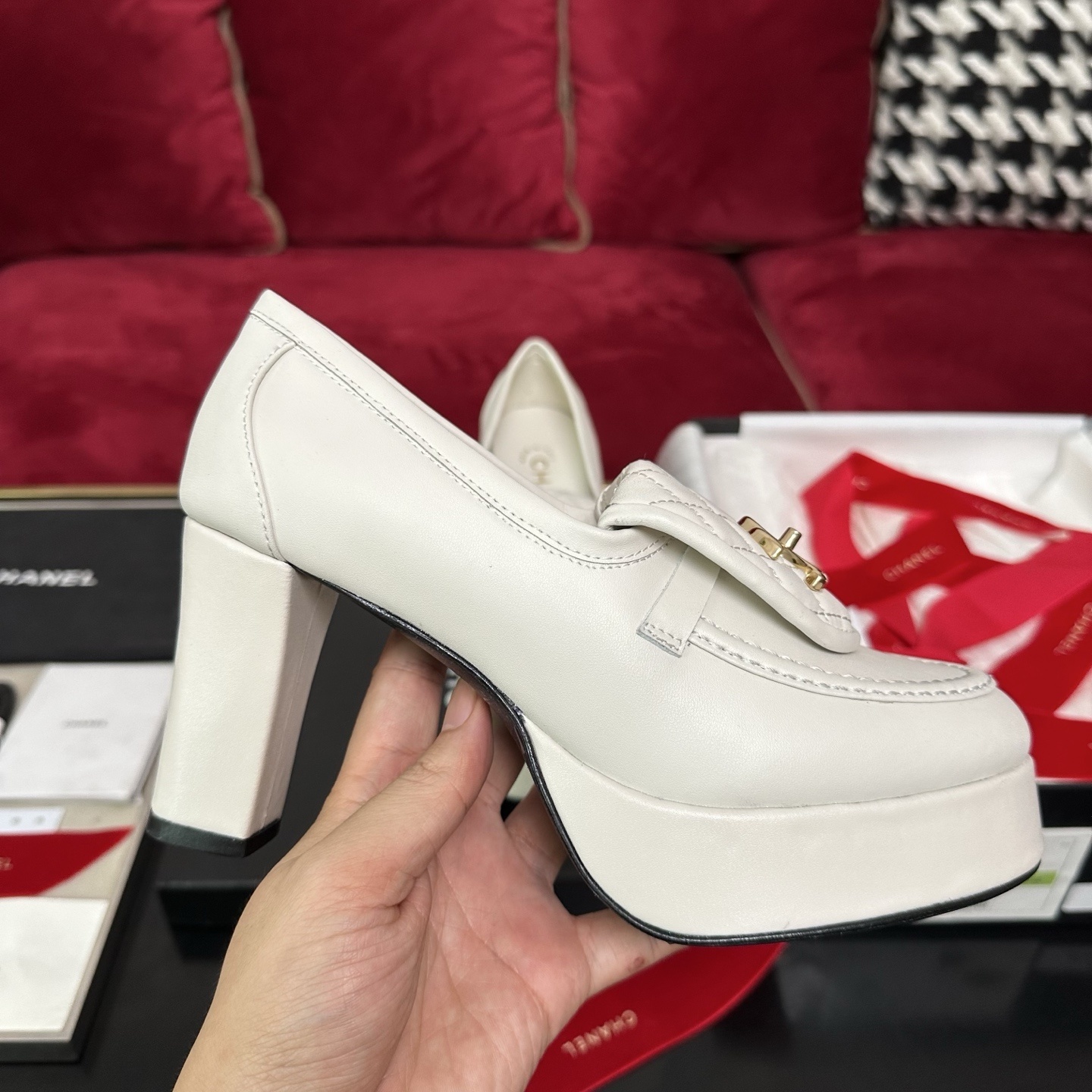 Chanel White Quilted Platform Loafers with Gold CC Logo