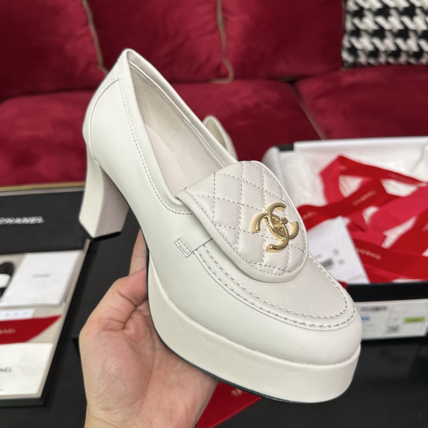 Chanel White Quilted Platform Loafers with Gold CC Logo