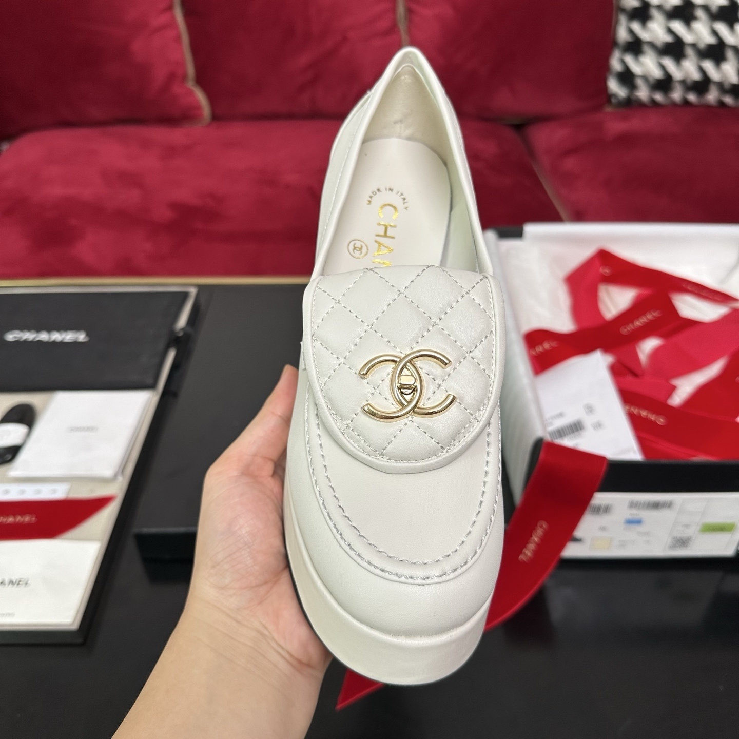 Chanel White Quilted Platform Loafers with Gold CC Logo