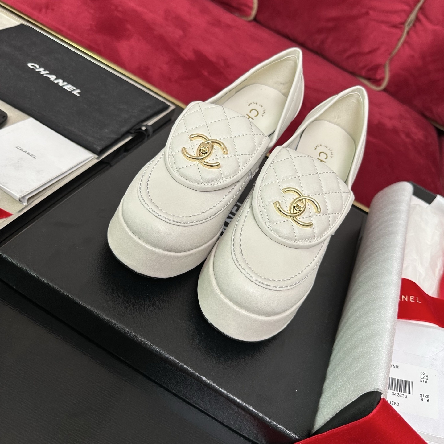 Chanel White Quilted Platform Loafers with Gold CC Logo