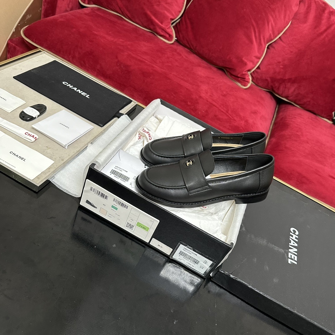 Chanel Classic Black Calfskin Loafers with Gold CC Hardware