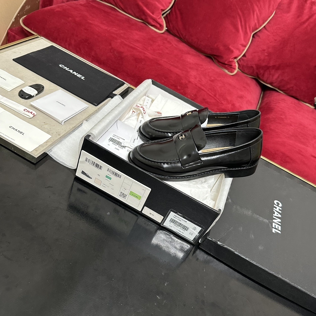 Chanel Classic Black Leather Loafers with CC Logo Gold Hardware