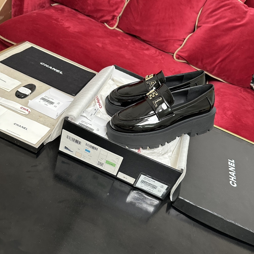 Chanel Black Patent Leather Platform Loafers with Gold Hardware