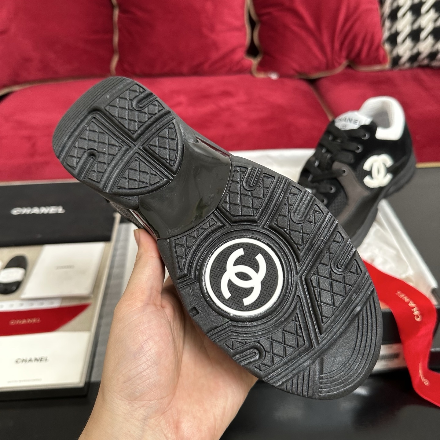 Luxury Chanel black mesh and suede sneakers with white CC logo in original packaging with box and ribbons. - Hình 9