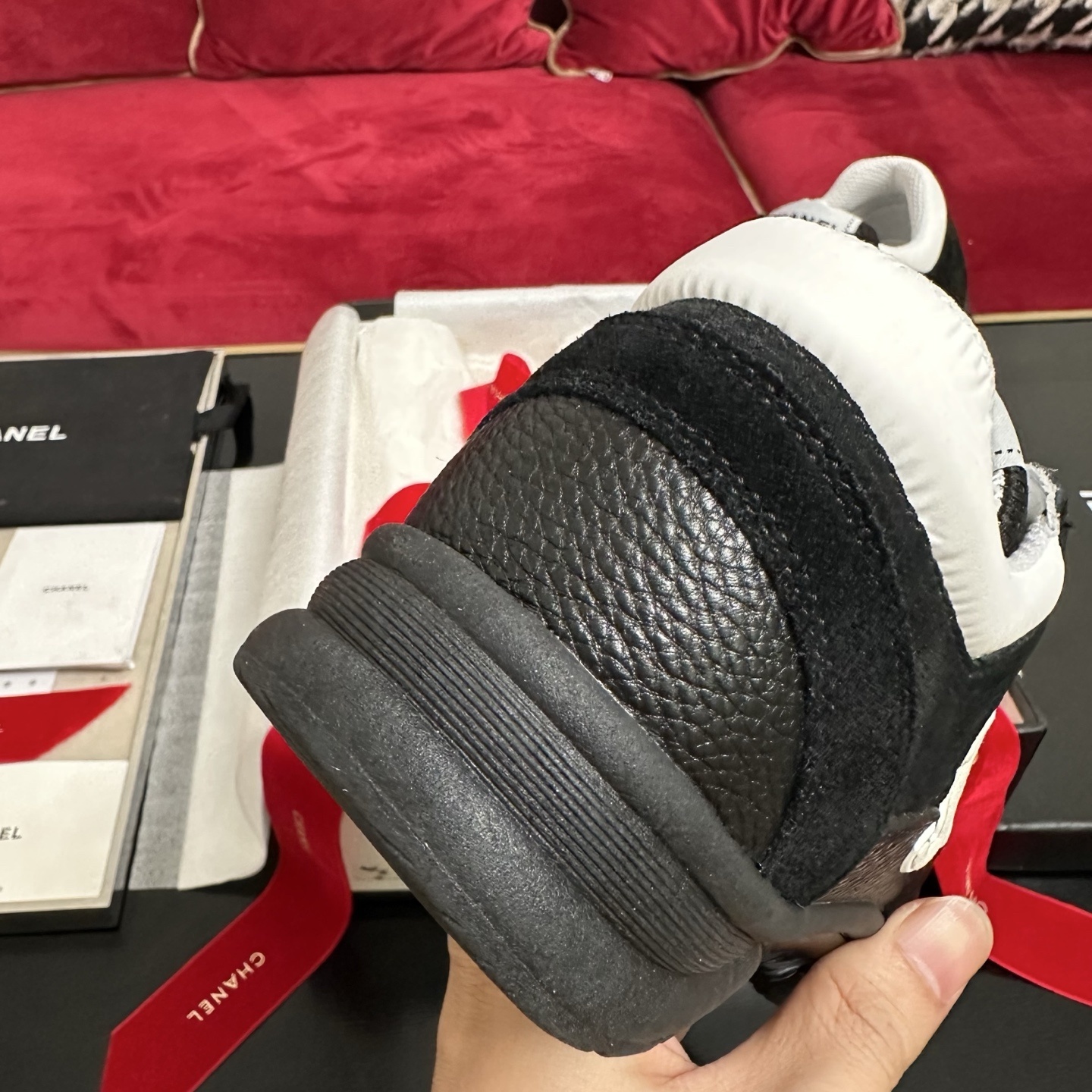 Luxury Chanel black mesh and suede sneakers with white CC logo in original packaging with box and ribbons. - Hình 8