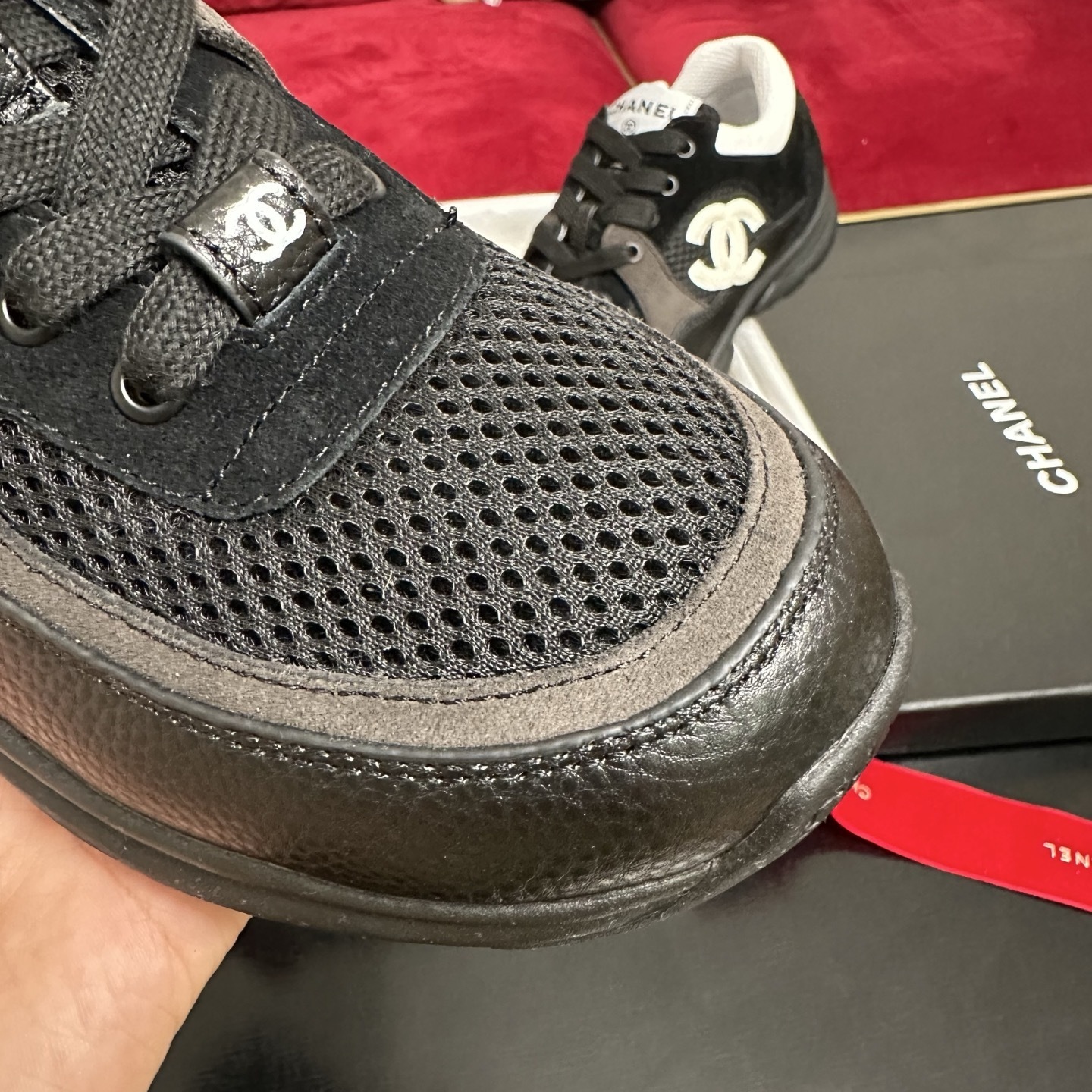 Luxury Chanel black mesh and suede sneakers with white CC logo in original packaging with box and ribbons. - Hình 6
