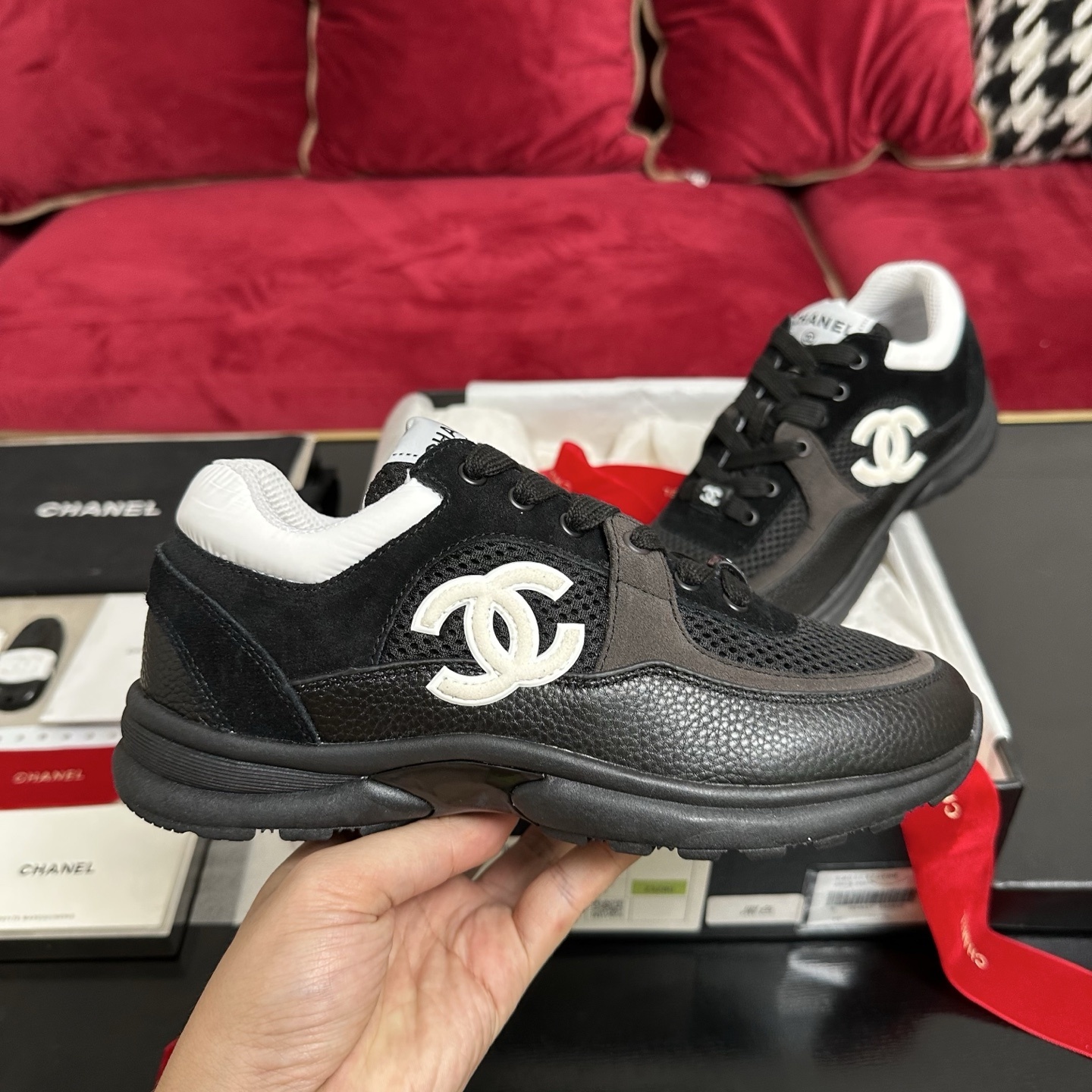 Luxury Chanel black mesh and suede sneakers with white CC logo in original packaging with box and ribbons. - Hình 5