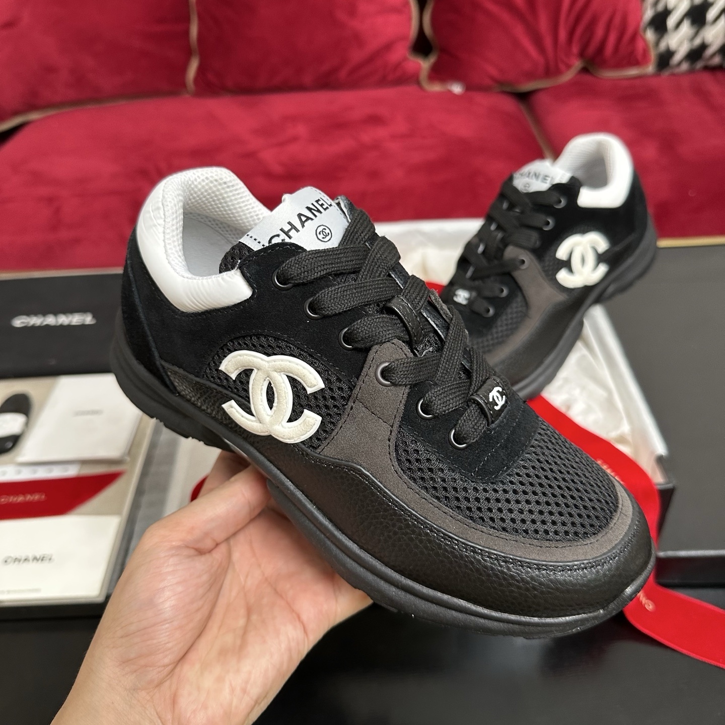 Luxury Chanel black mesh and suede sneakers with white CC logo in original packaging with box and ribbons. - Hình 4