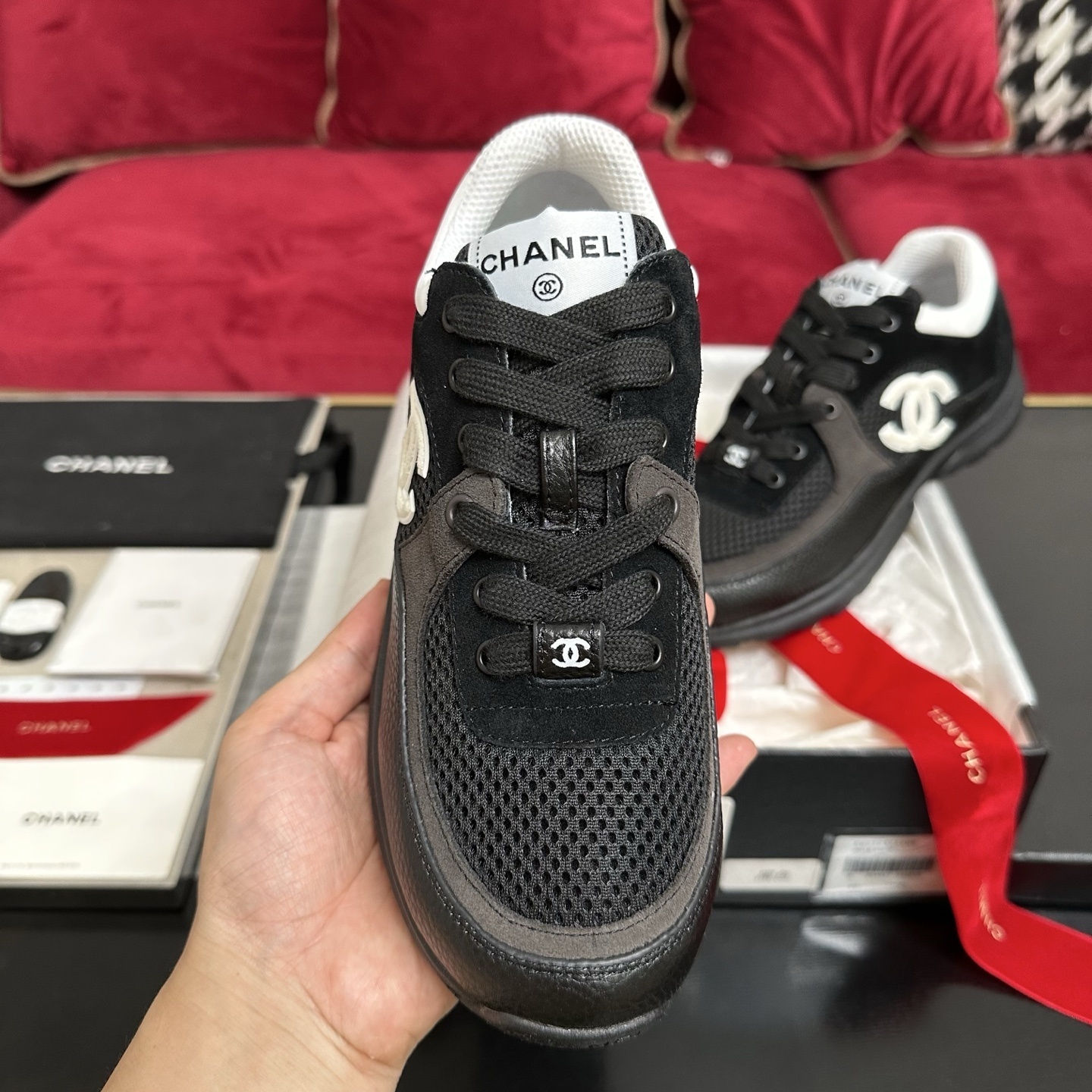 Luxury Chanel black mesh and suede sneakers with white CC logo in original packaging with box and ribbons. - Hình 3