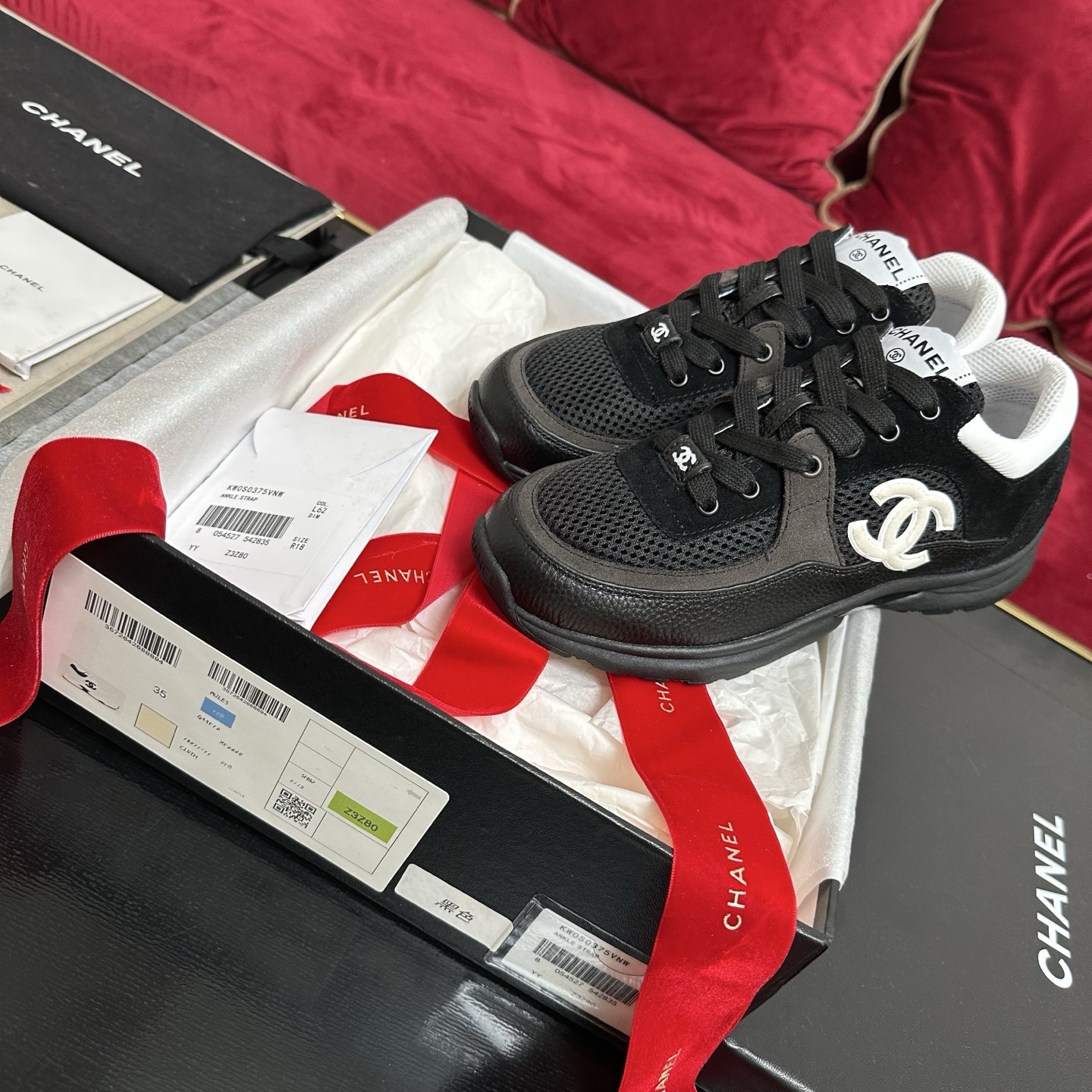 Luxury Chanel black mesh and suede sneakers with white CC logo in original packaging with box and ribbons. - Hình 2
