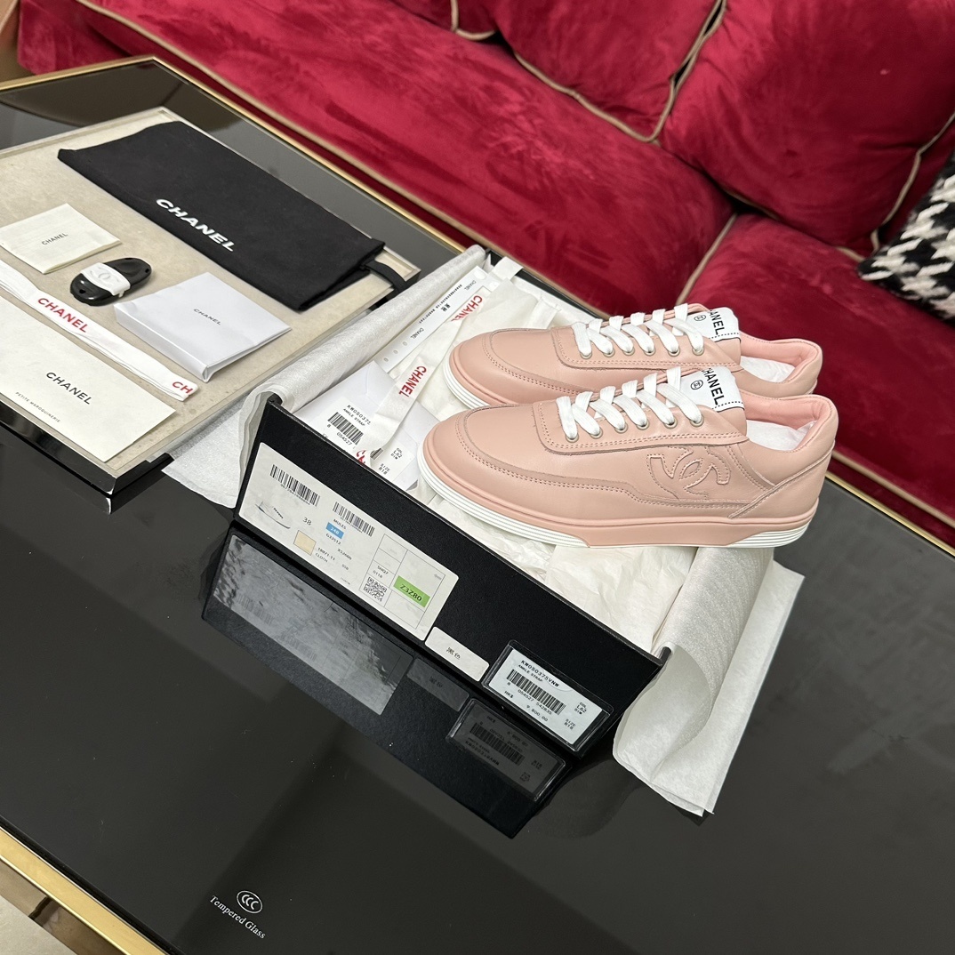 Chanel Pink Leather Sneakers with Embossed CC Logo for Women