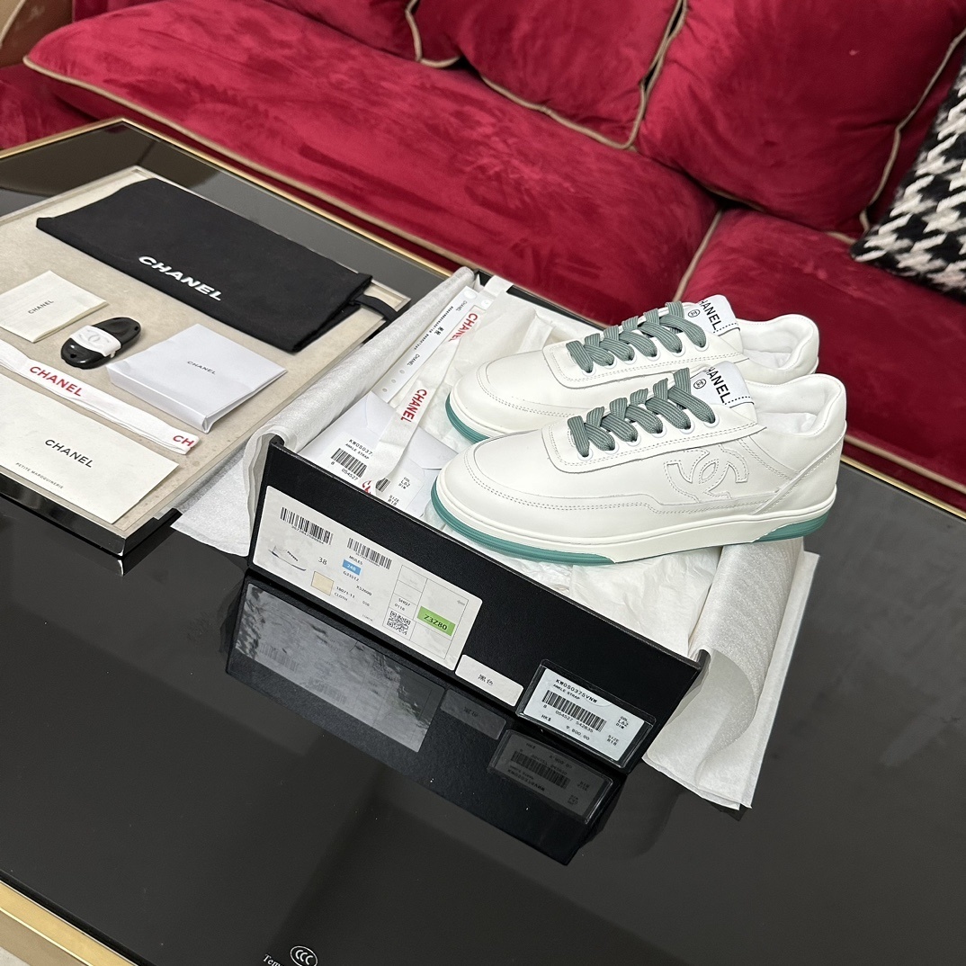 Chanel White Leather Sneakers with Mint Green Sole and Laces