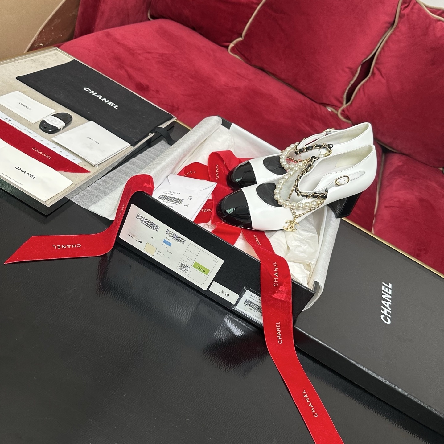 Chanel Luxury White & Black Pearl Chain Mary Jane Pumps