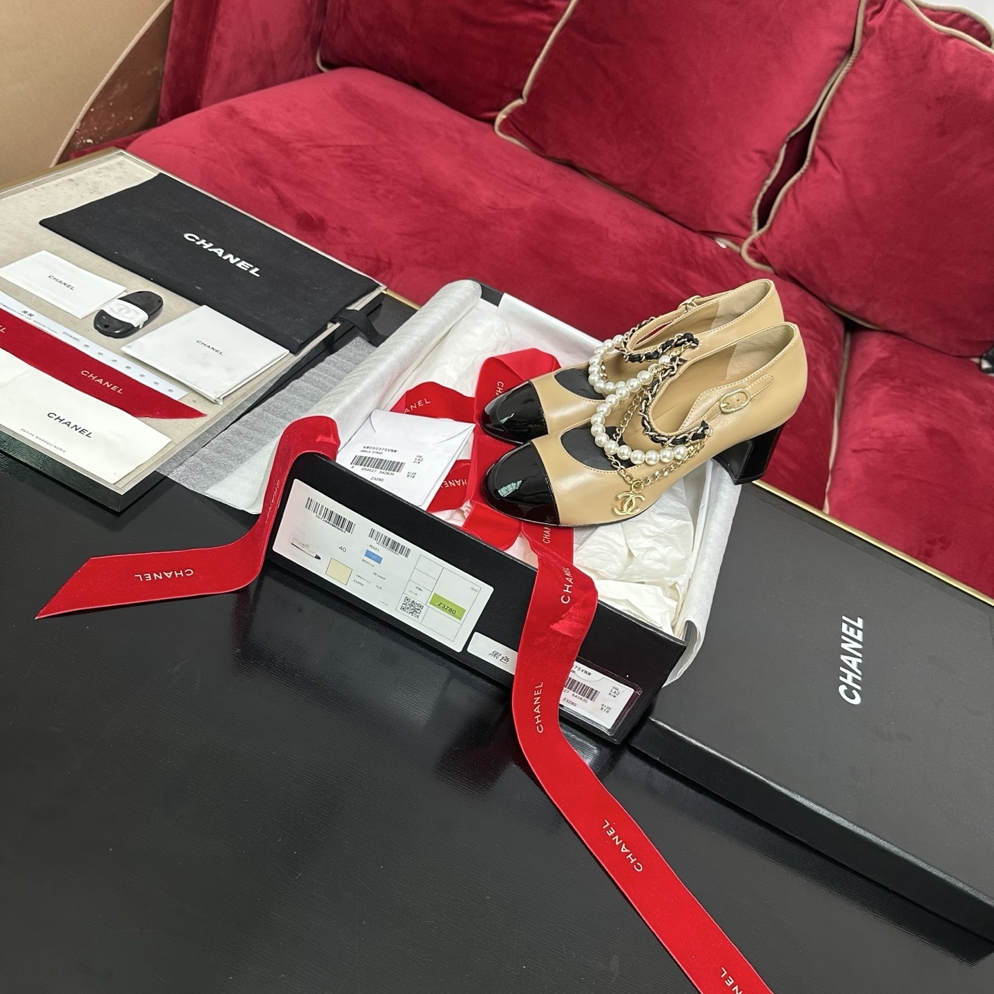 Chanel Two-Tone Mary Jane Pumps with Pearl & Gold Chain Strap